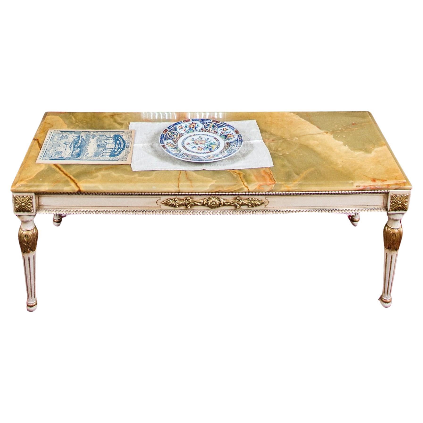 White coffee table with onyx top For Sale