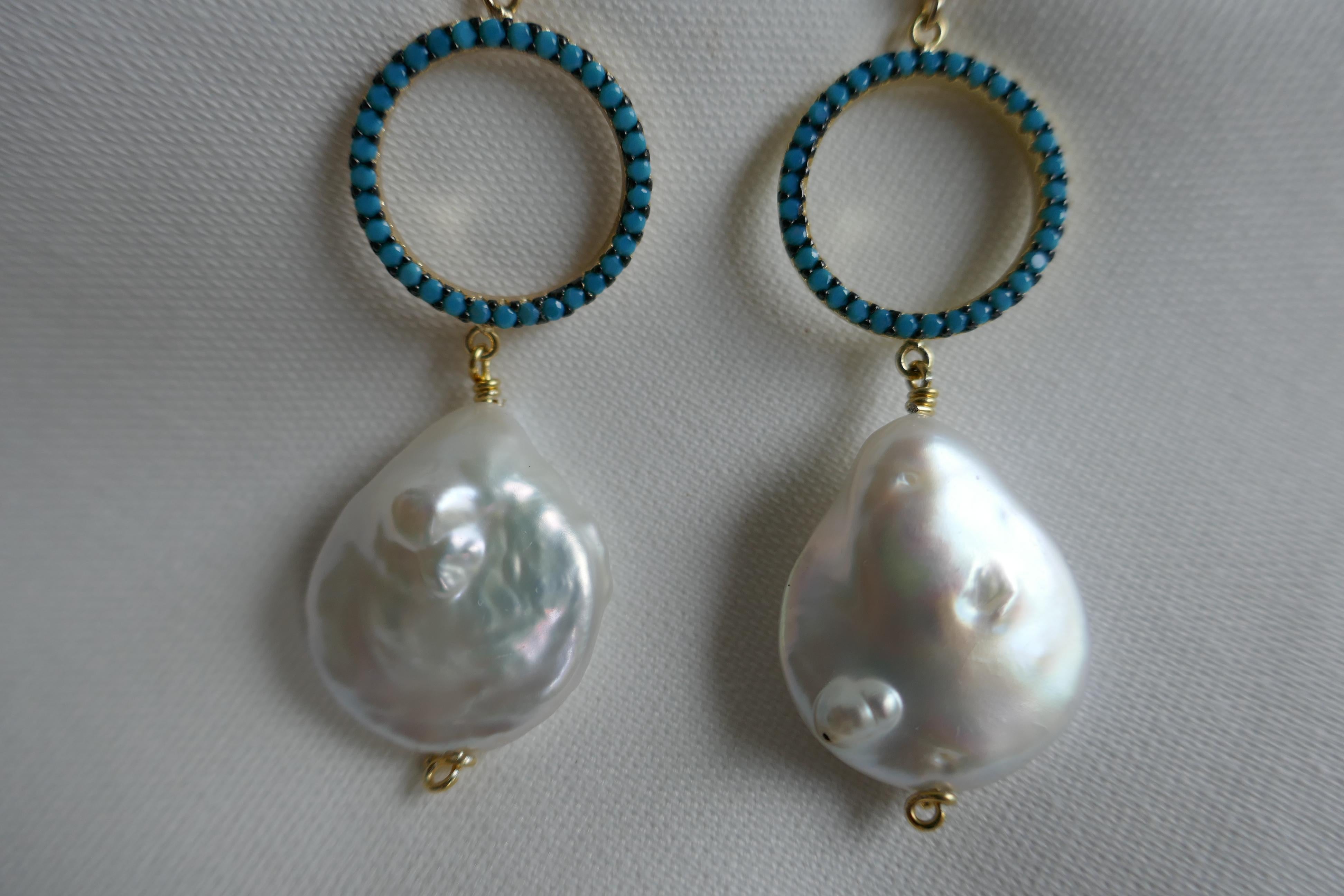 Modern White Coin Cultured Pearls Turquoise Zirconia on 925 Silver 14k Gold Filled Post For Sale