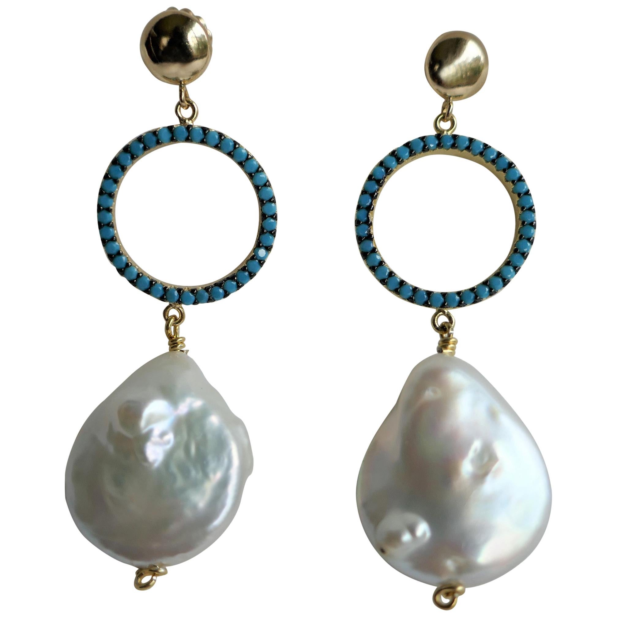 White Coin Cultured Pearls Turquoise Zirconia on 925 Silver 14k Gold Filled Post For Sale