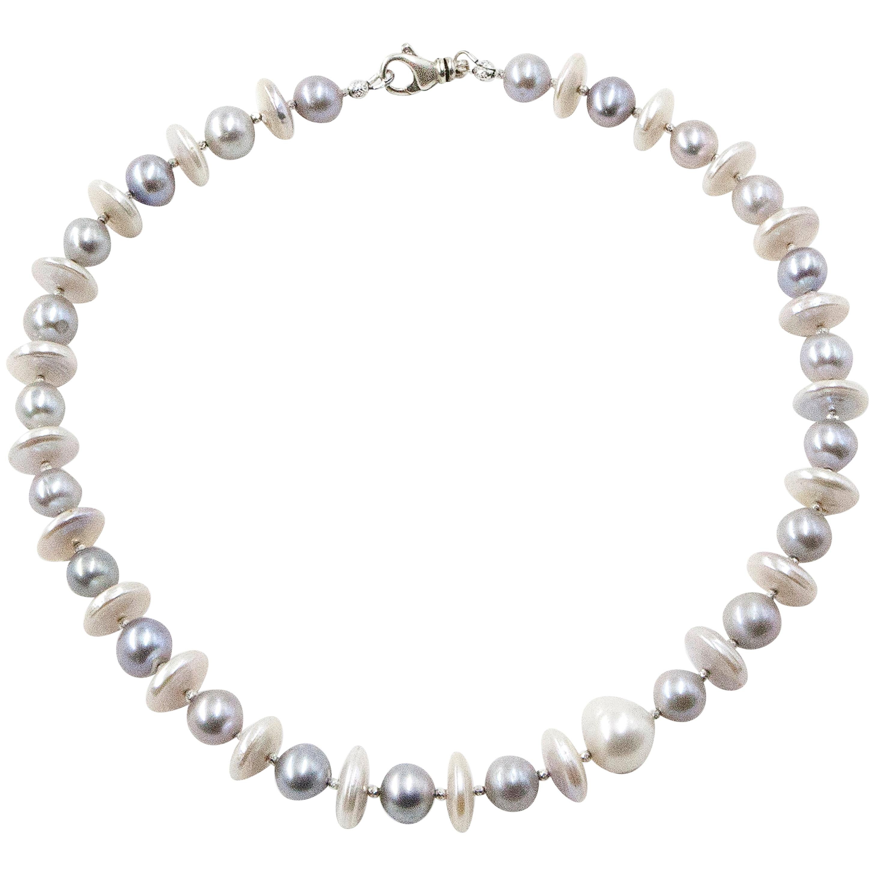 White Coin Pearl and Grey Pearl Necklace with Silver Diamond Cut Beads For Sale