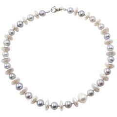 White Coin Pearl and Grey Pearl Necklace with Silver Diamond Cut Beads