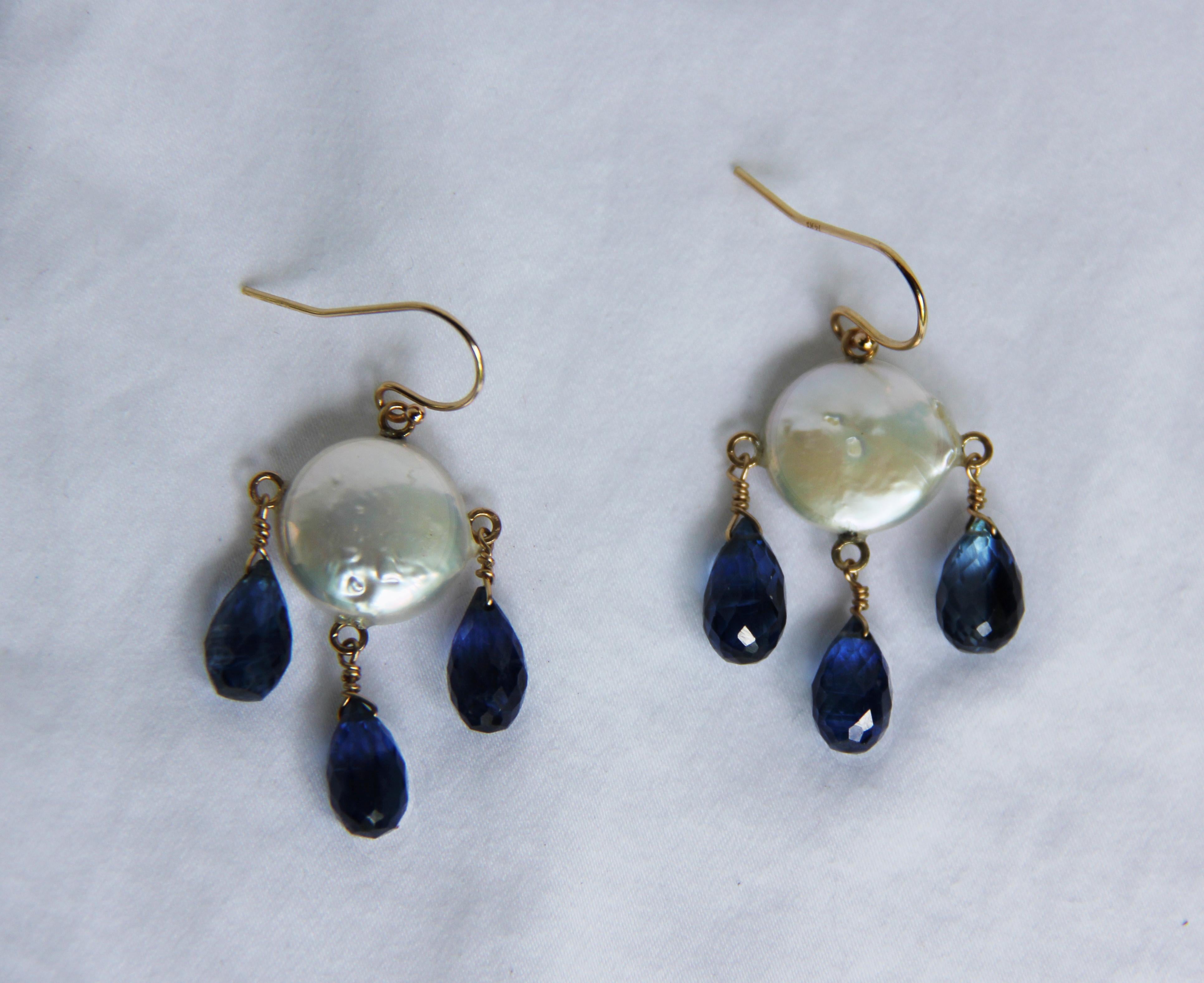 Marina J White Coin Pearl and Kyanite Drop Earrings & 14 K Yellow Gold Hooks In New Condition In Los Angeles, CA