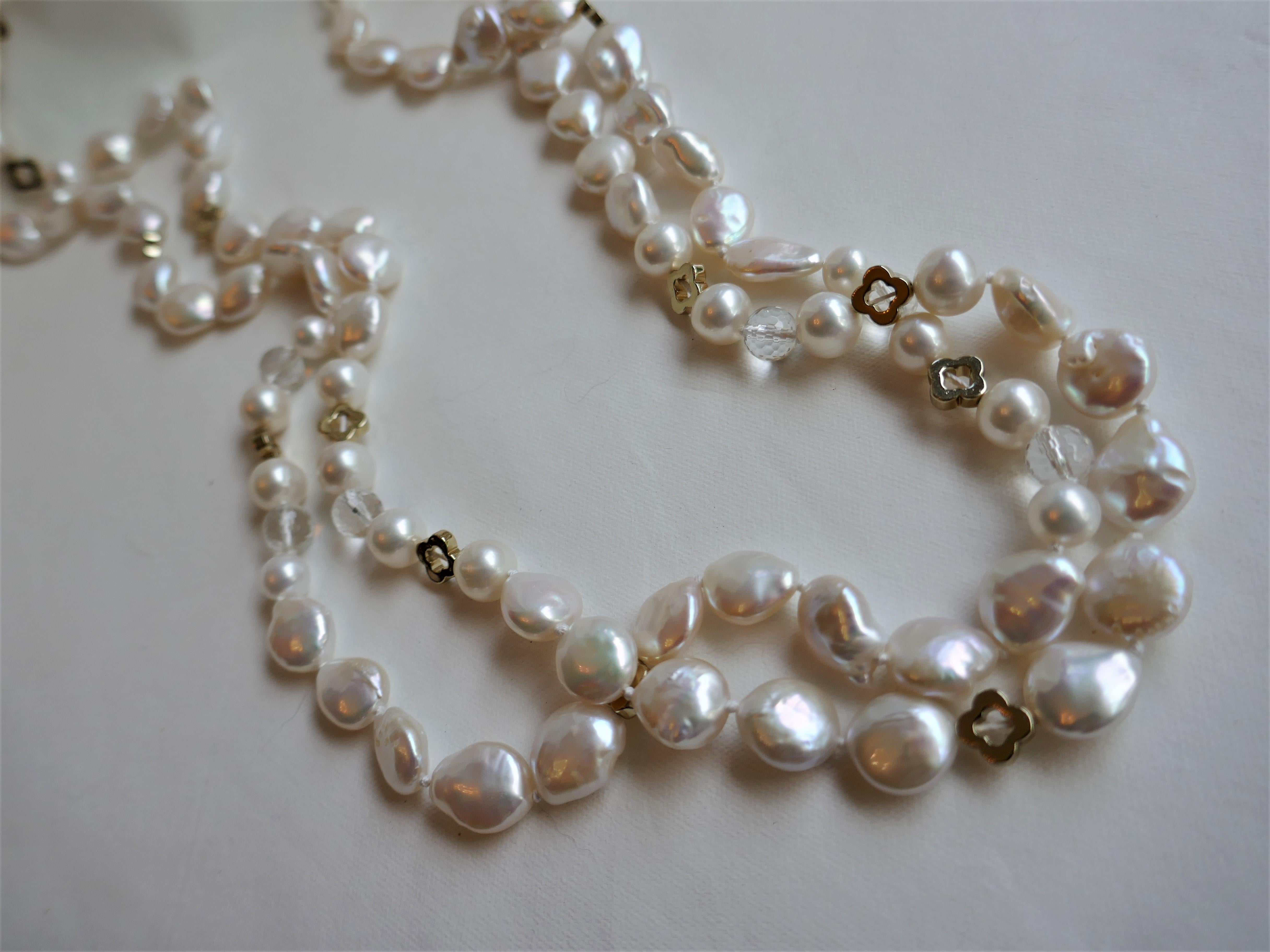 These necklace are beautiful. Excellent pearl quality. I combined white coin cultured pearls 11-12mm with almost round white cultured pearls 8.5-9mm and interspersed the stands with faceted rock crystal 8mm and gold plated hematite trebol.  The