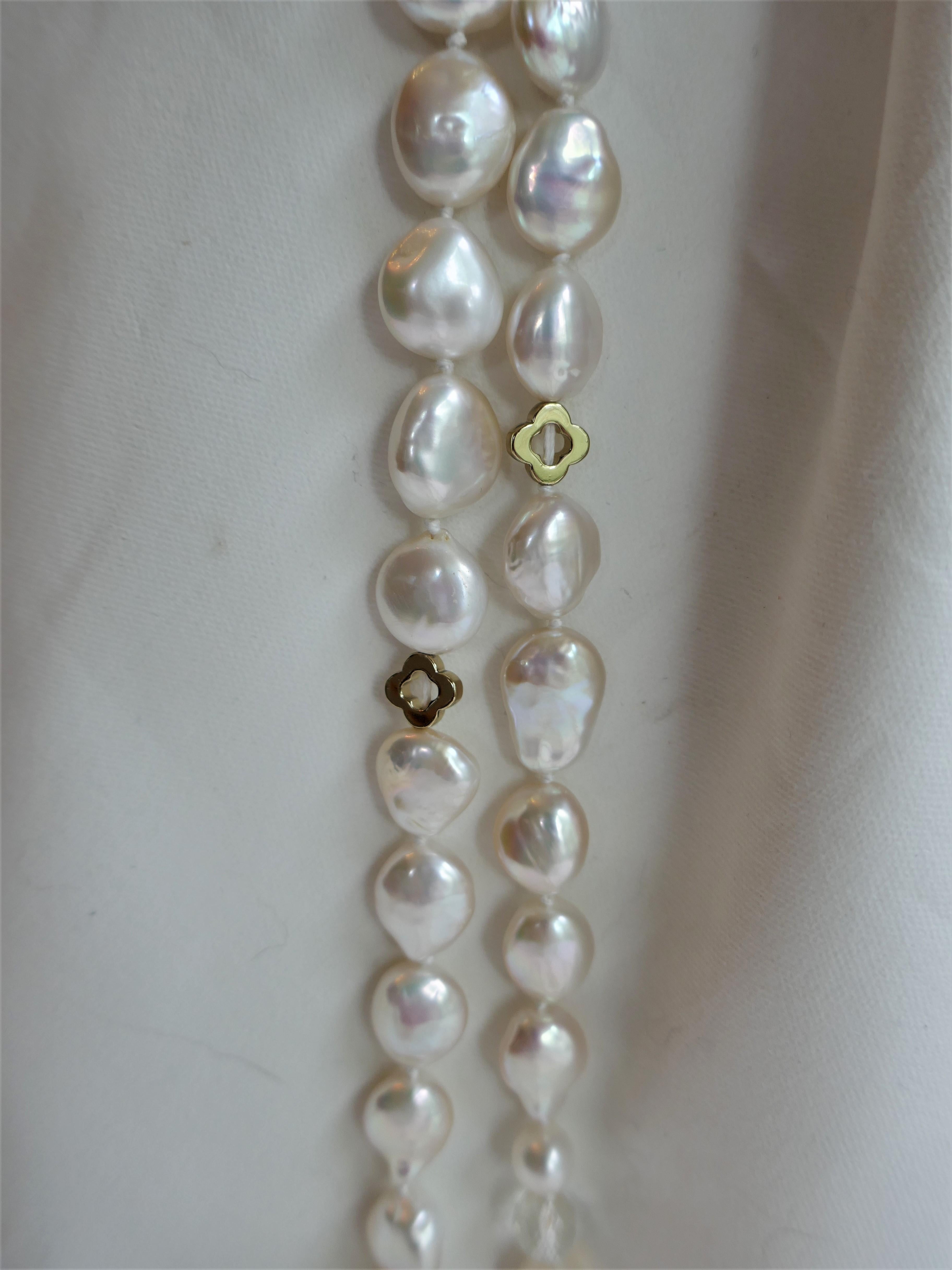 Contemporary White Coin & Round Culture Pearls Rock Crystal Gold Plate Hematite Rope Necklace For Sale