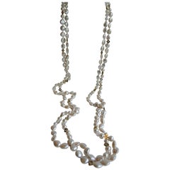 White Coin & Round Culture Pearls Rock Crystal Gold Plate Hematite Rope Necklace