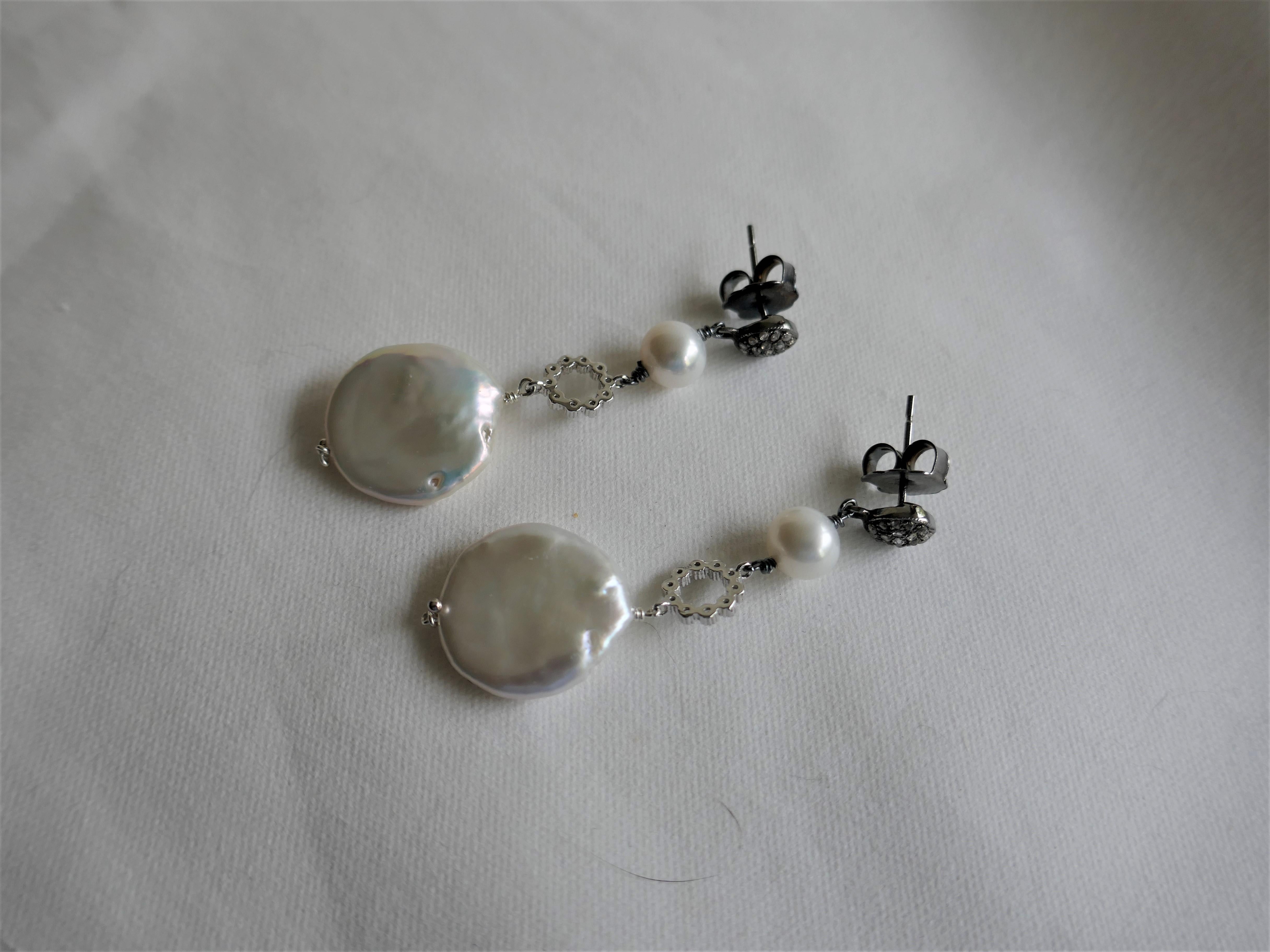 White Coin & Round Cultured Pearls Cubic Zirconia 925 Silver Diamond Earrings In New Condition For Sale In Coral Gables, FL