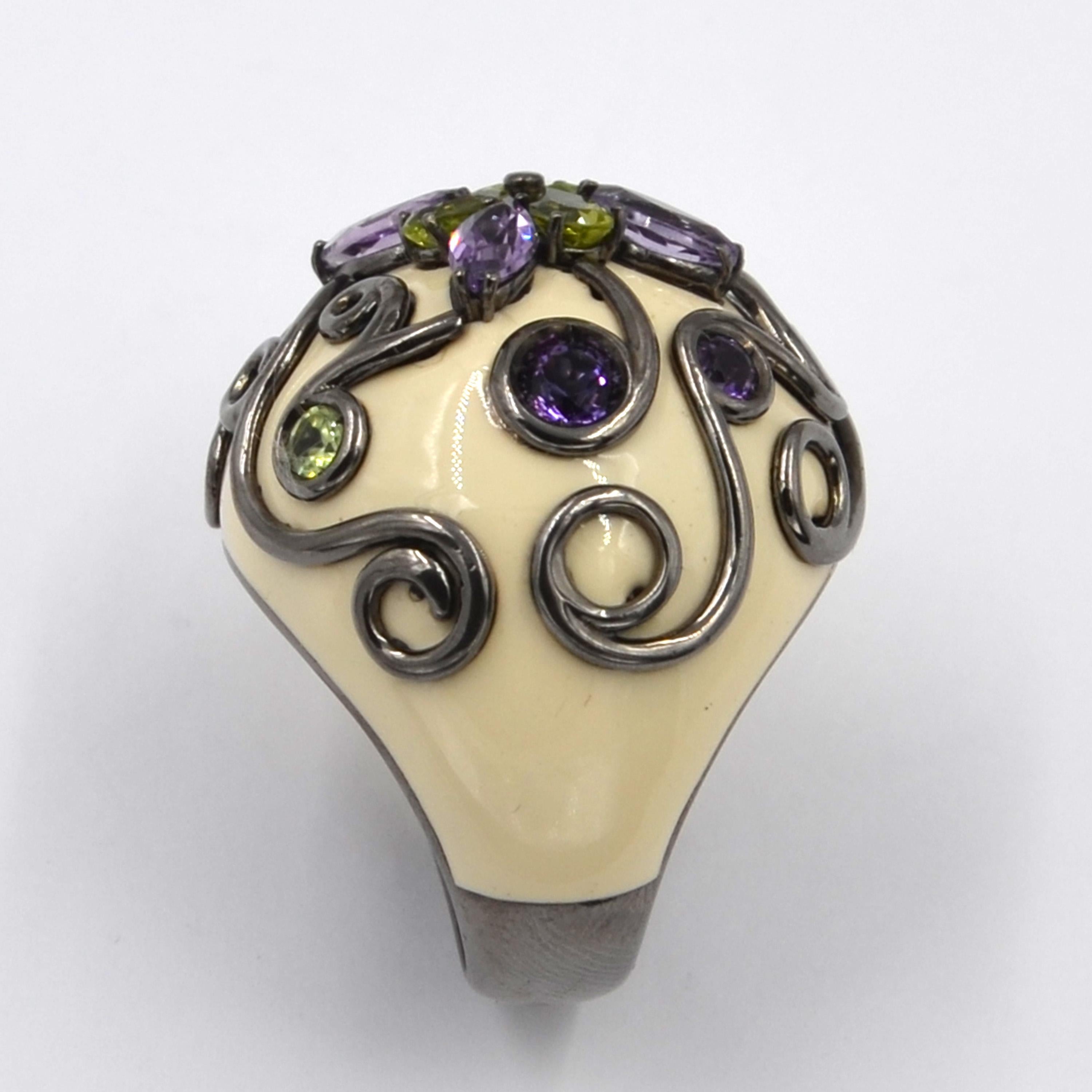 White Color Enamel Round Silver Ring with Amethyst and Peridot For Sale 3