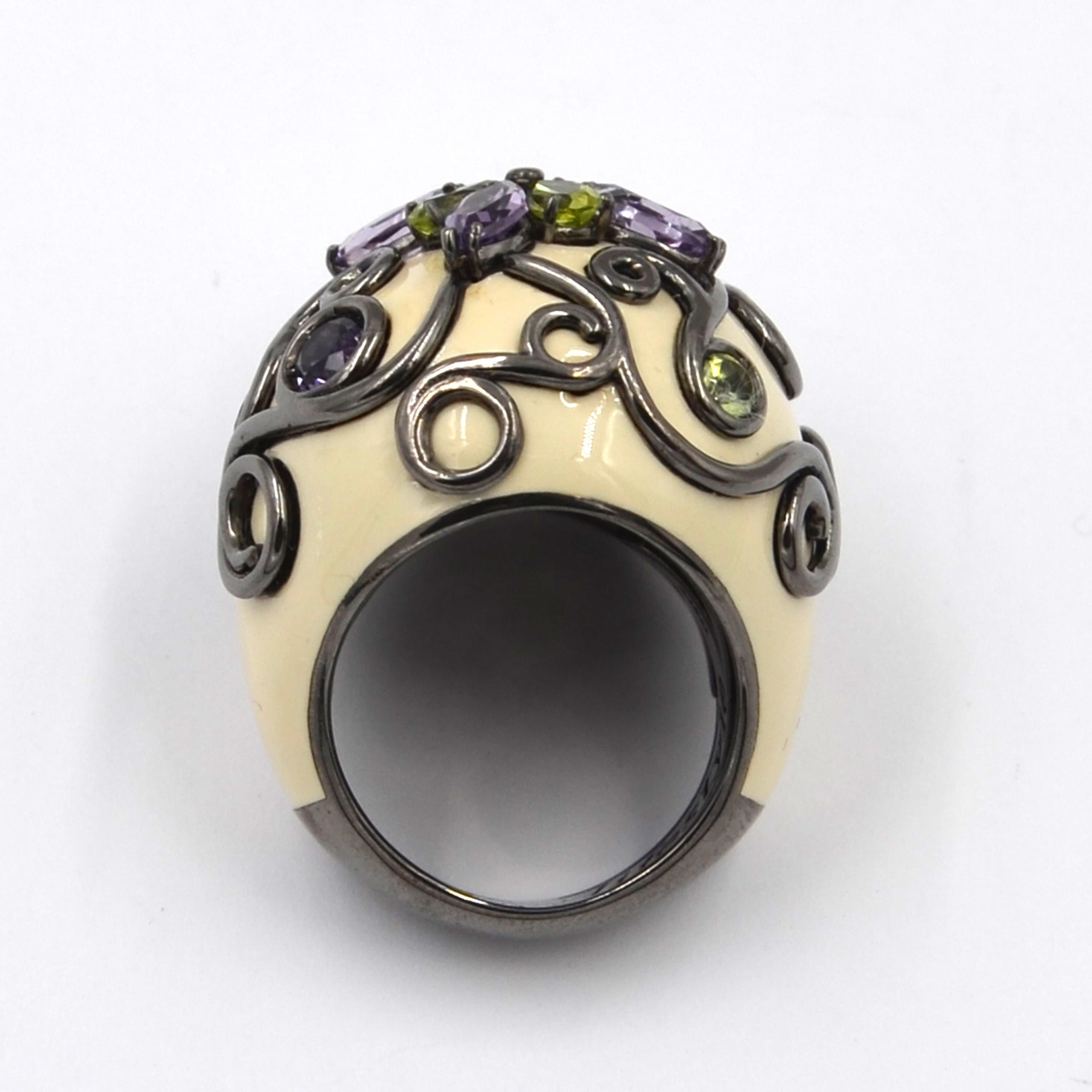 White Color Enamel Round Silver Ring with Amethyst and Peridot For Sale 4