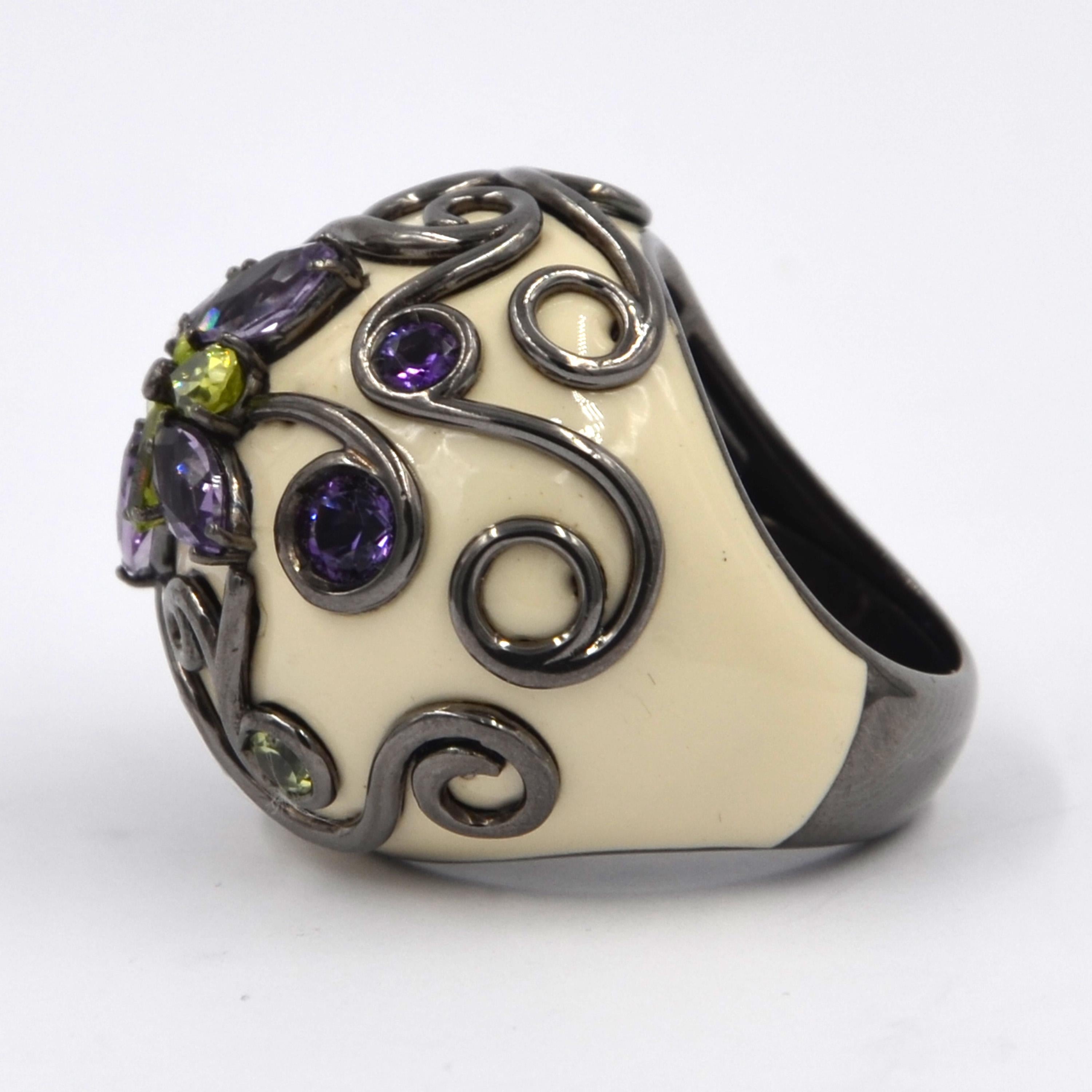 Women's White Color Enamel Round Silver Ring with Amethyst and Peridot For Sale
