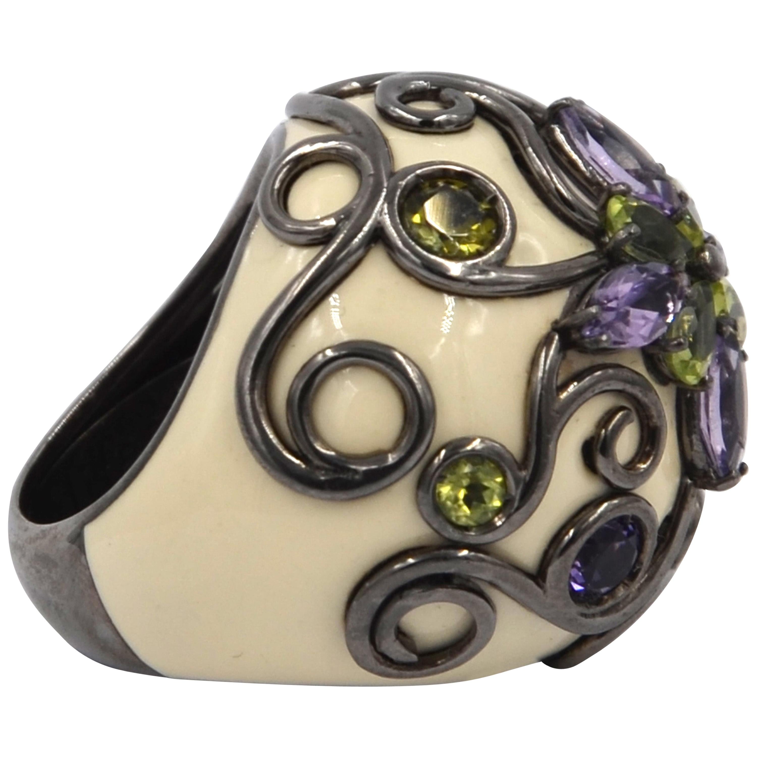 White Color Enamel Round Silver Ring with Amethyst and Peridot For Sale