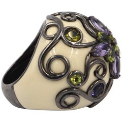 White Color Enamel Round Silver Ring with Amethyst and Peridot