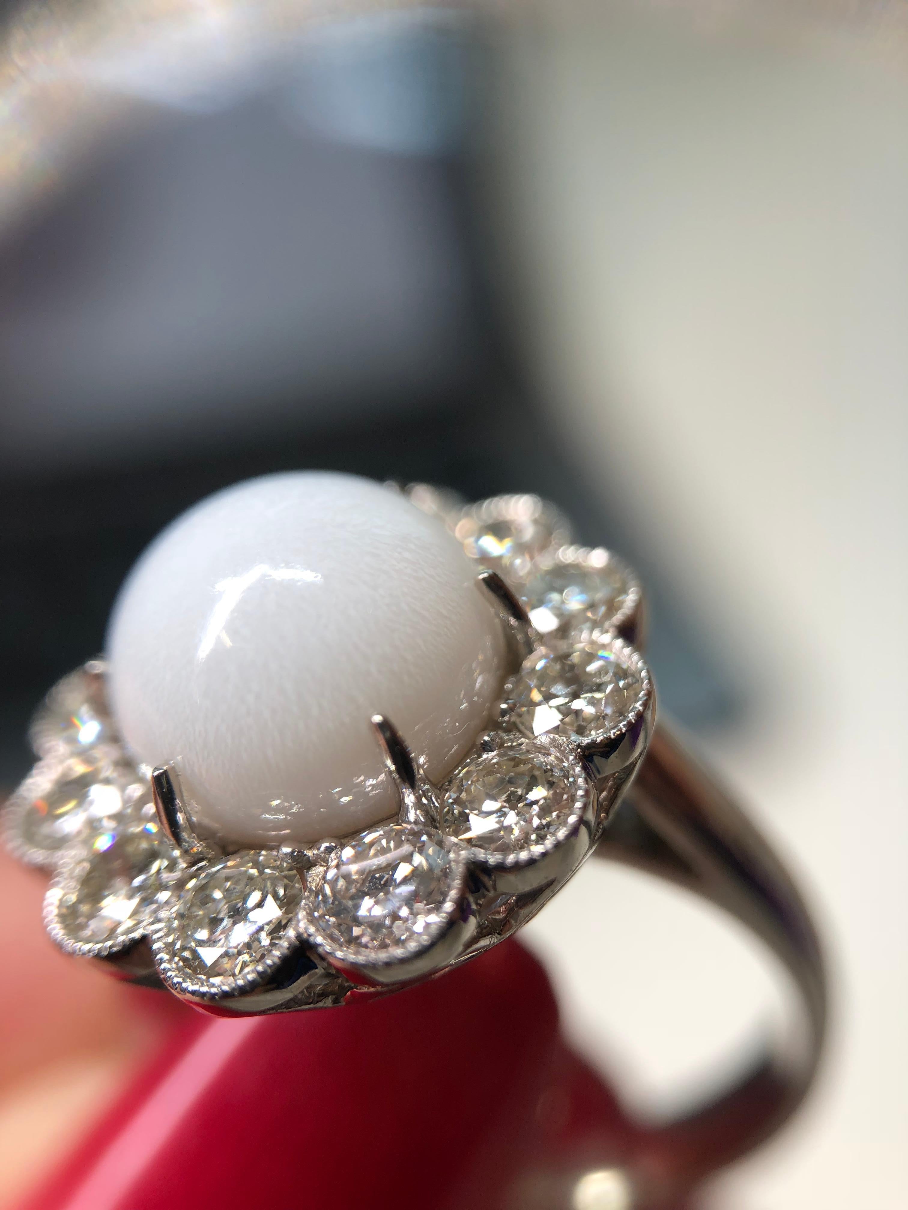 Women's or Men's White Conch Pearl and Diamond 18 Karat White Gold Ring