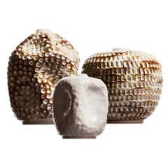 White Contemporary Ceramic Vase, Hand Carved, Smooth - Textured Vessel Sculpture