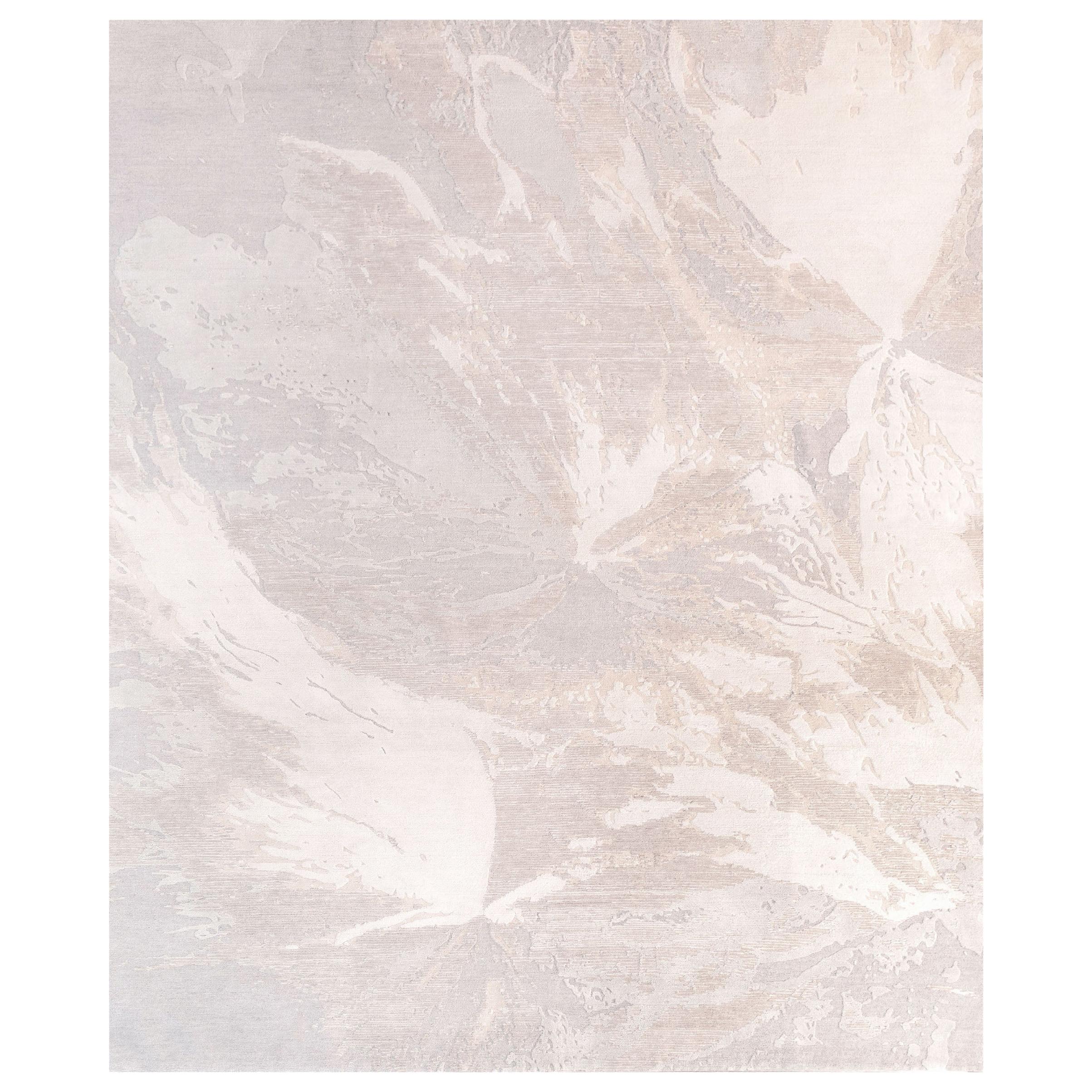 White Contemporary Rug Wool Blend-Silk, Multani Clay, Large, in Stock For Sale