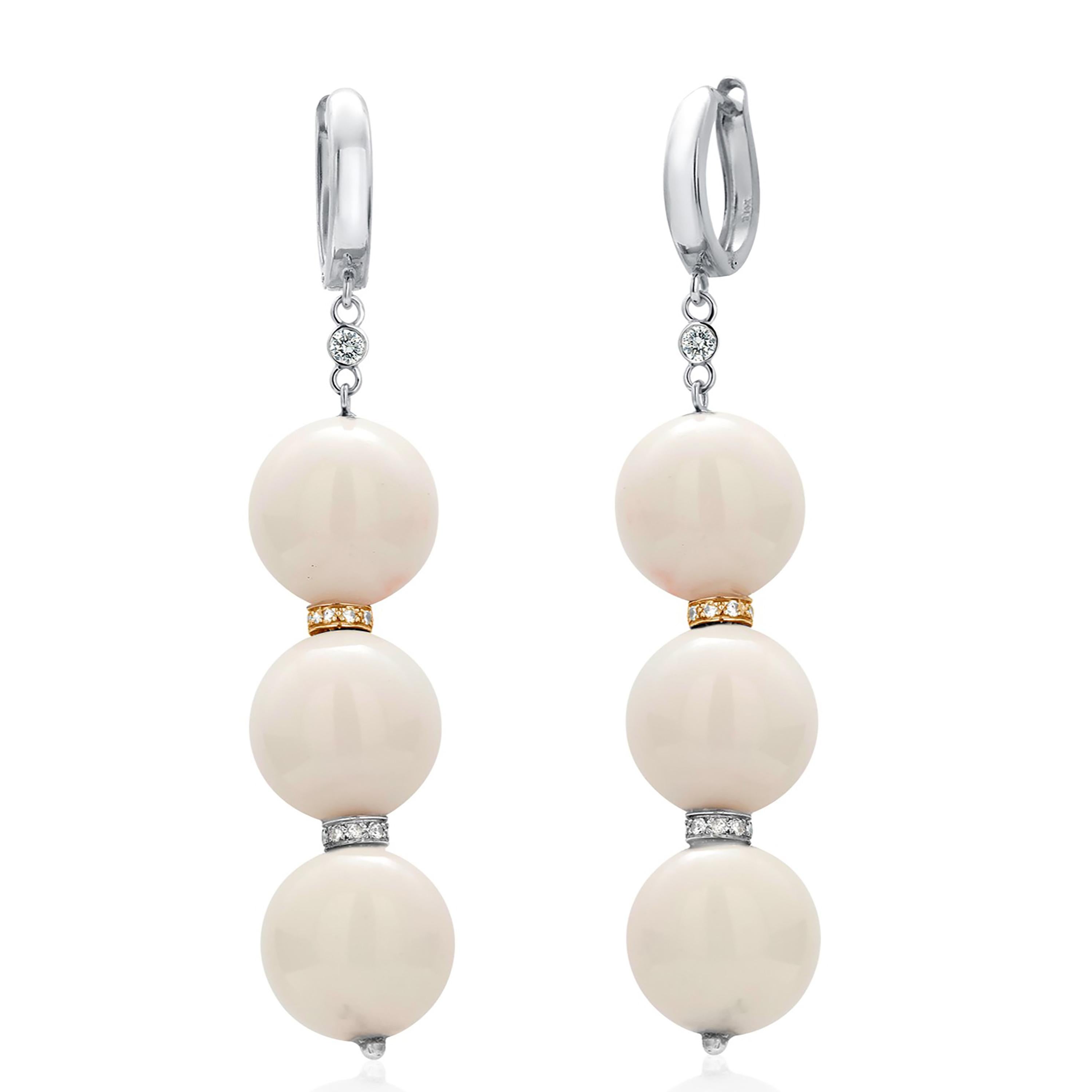 Women's White Coral 0.50 Inch Wide Diamond Rondels 0.45 Carat Gold 2.75 Inch Earrings For Sale