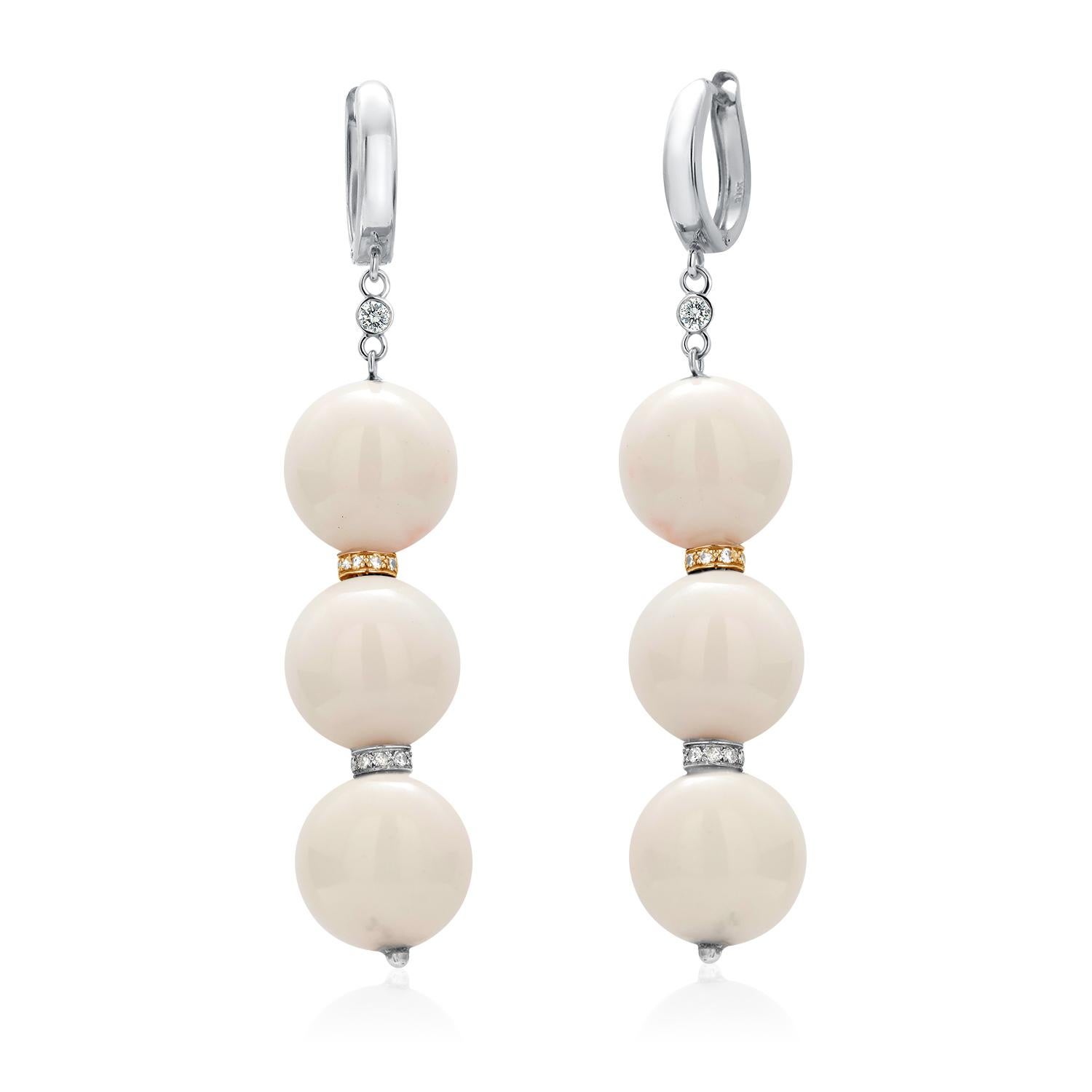 White Coral 0.50 Inch Wide Diamond Rondels 0.45 Carat Gold 2.75 Inch Earrings For Sale 2