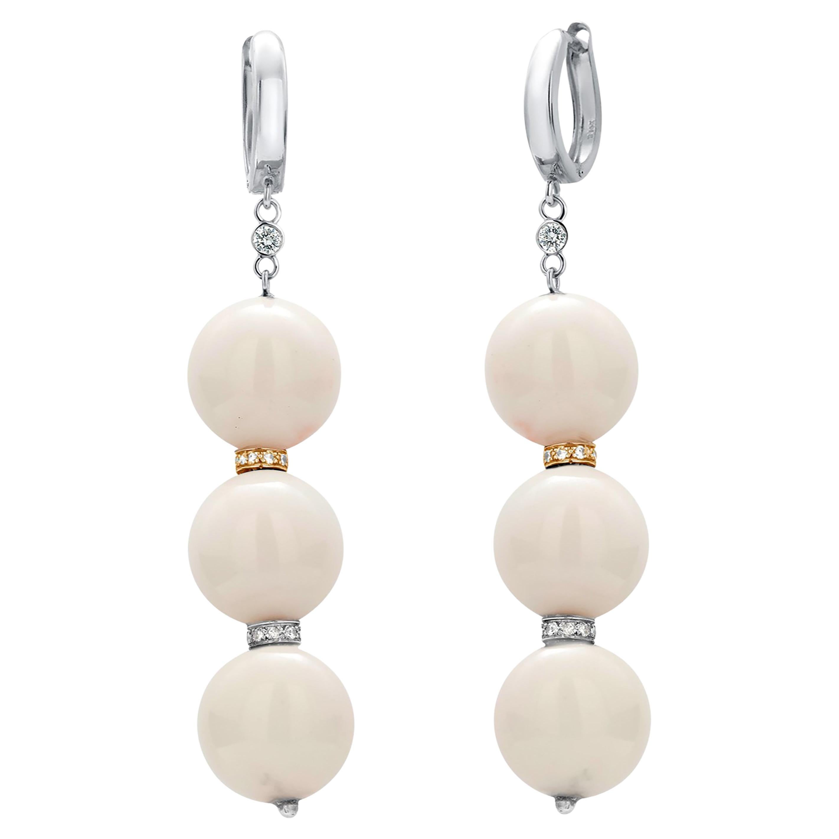White Coral 0.50 Inch Wide Diamond Rondels 0.45 Carat Gold 2.75 Inch Earrings For Sale