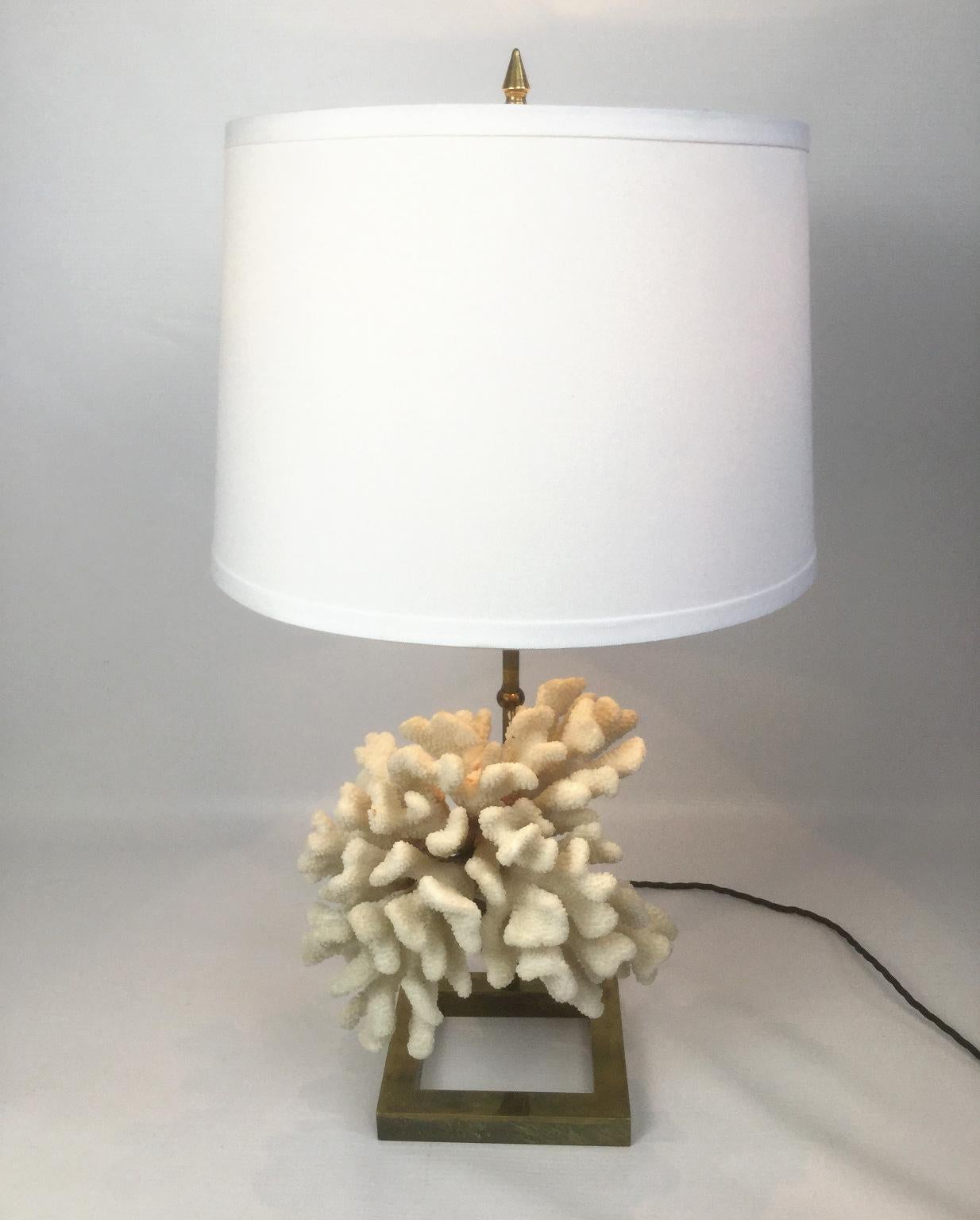 Natural white coral table lamp supported by a brass frame
Rewired with black cotton-insulated cable.