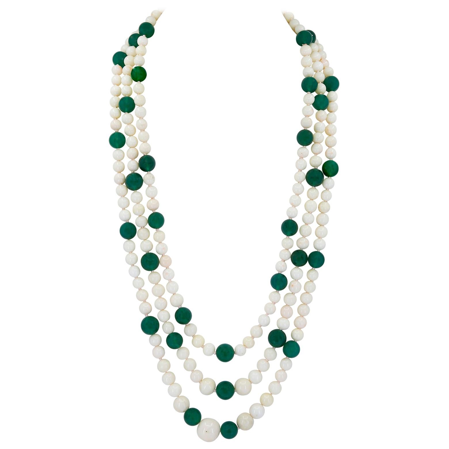 White Coral and Green Onyx 3-Strand Necklace