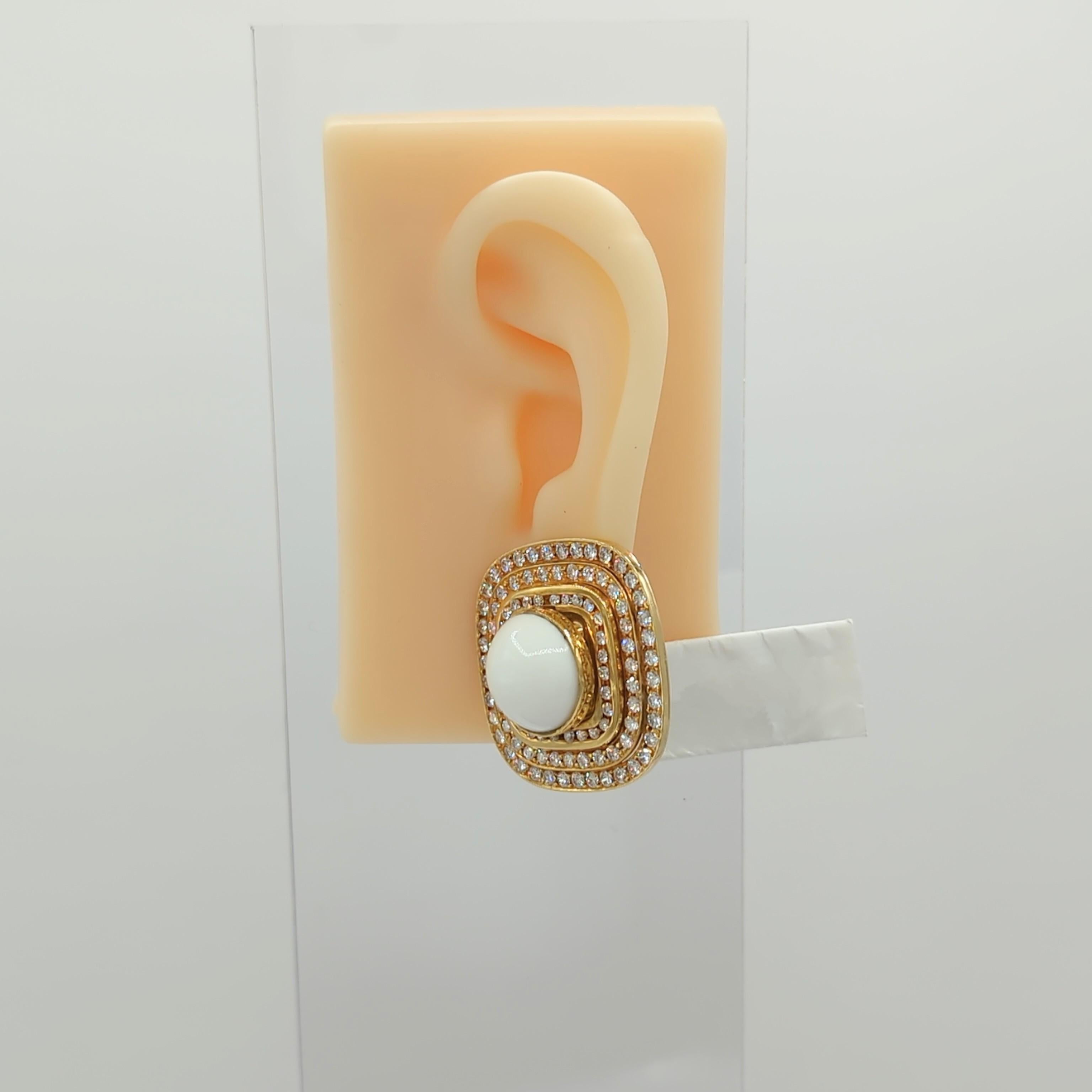 Round Cut White Coral and White Diamond Earrings in 18K Yellow Gold