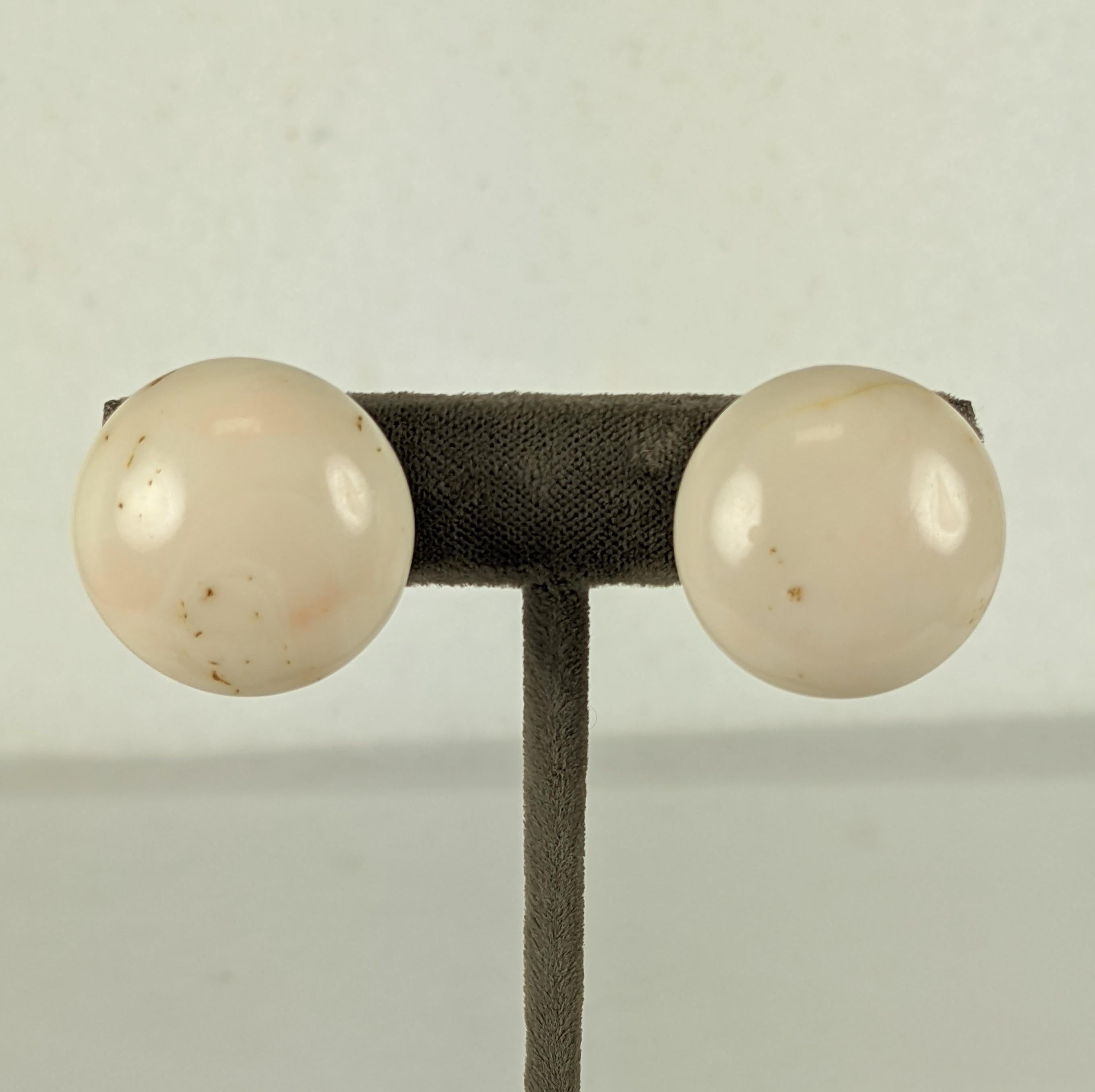 White Coral Cabochon Button Earrings In Good Condition For Sale In New York, NY