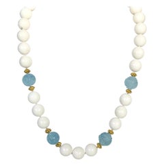 18 Karat Yellow Gold White Coral Carved Aquamarine Beaded Necklace