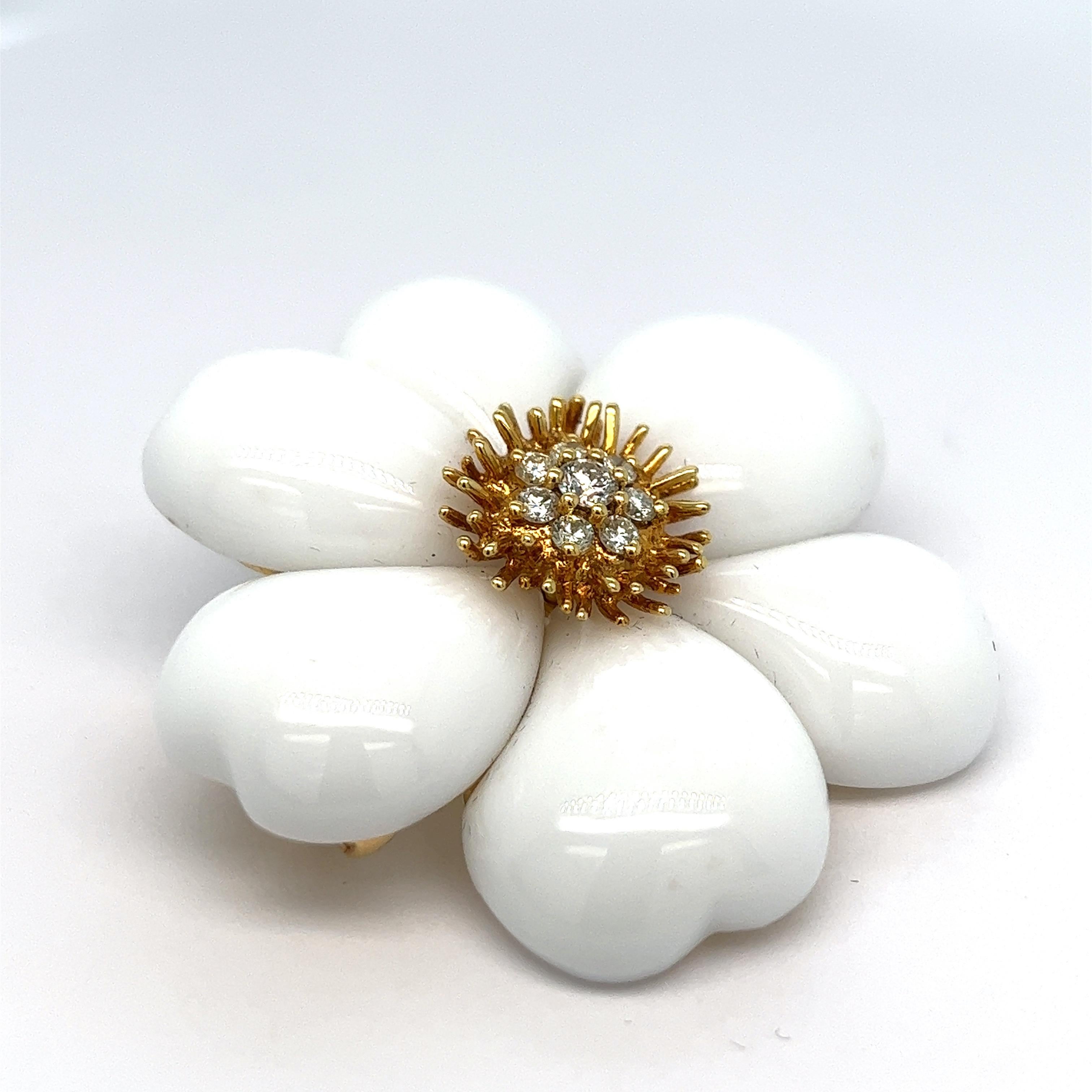 Modern White Coral Diamond Flower Brooch For Sale