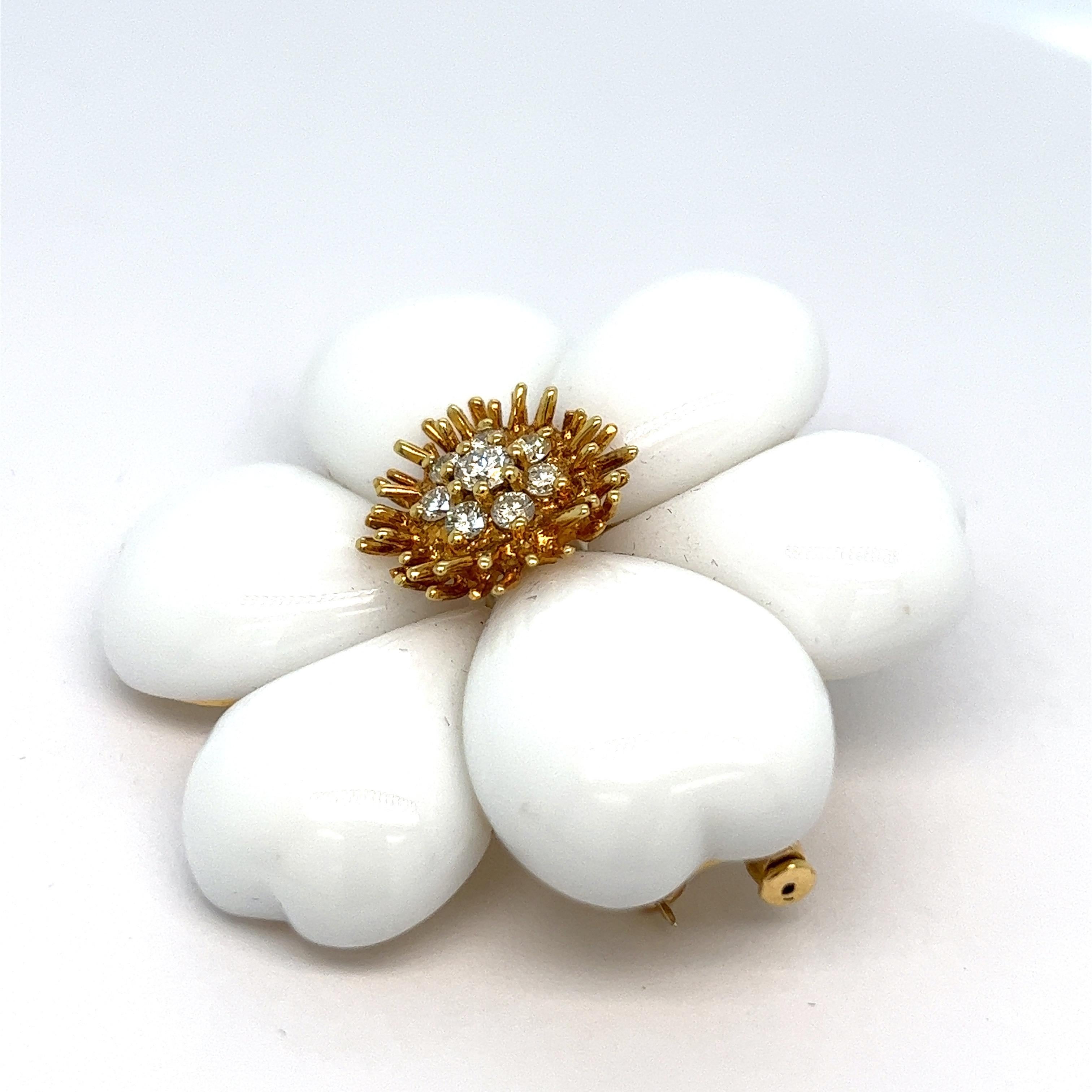 Round Cut White Coral Diamond Flower Brooch For Sale