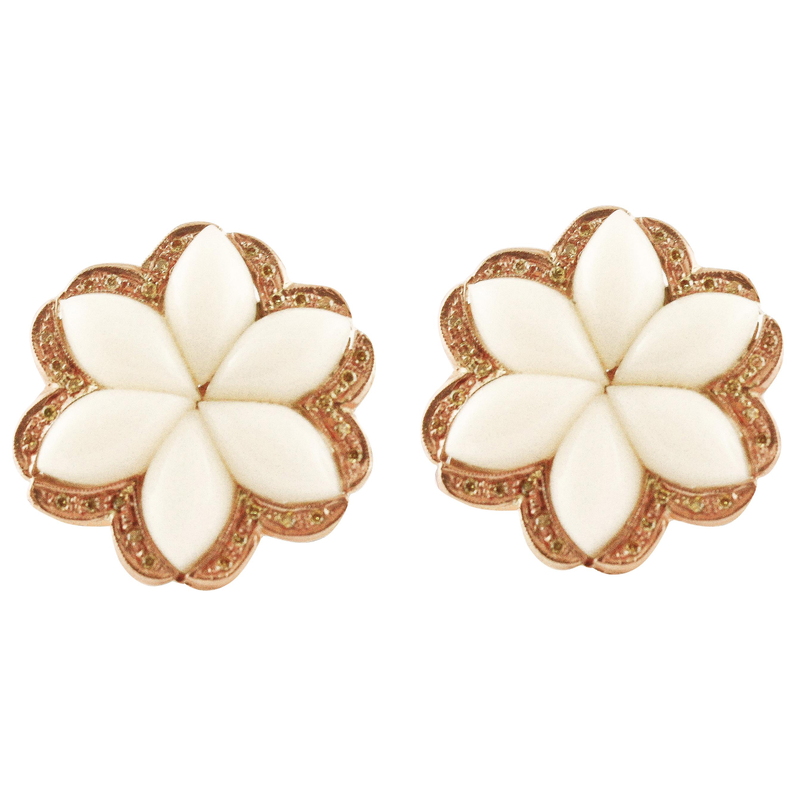 White Coral Flowers, Diamonds, 14K Rose Gold Clip-on Earrings