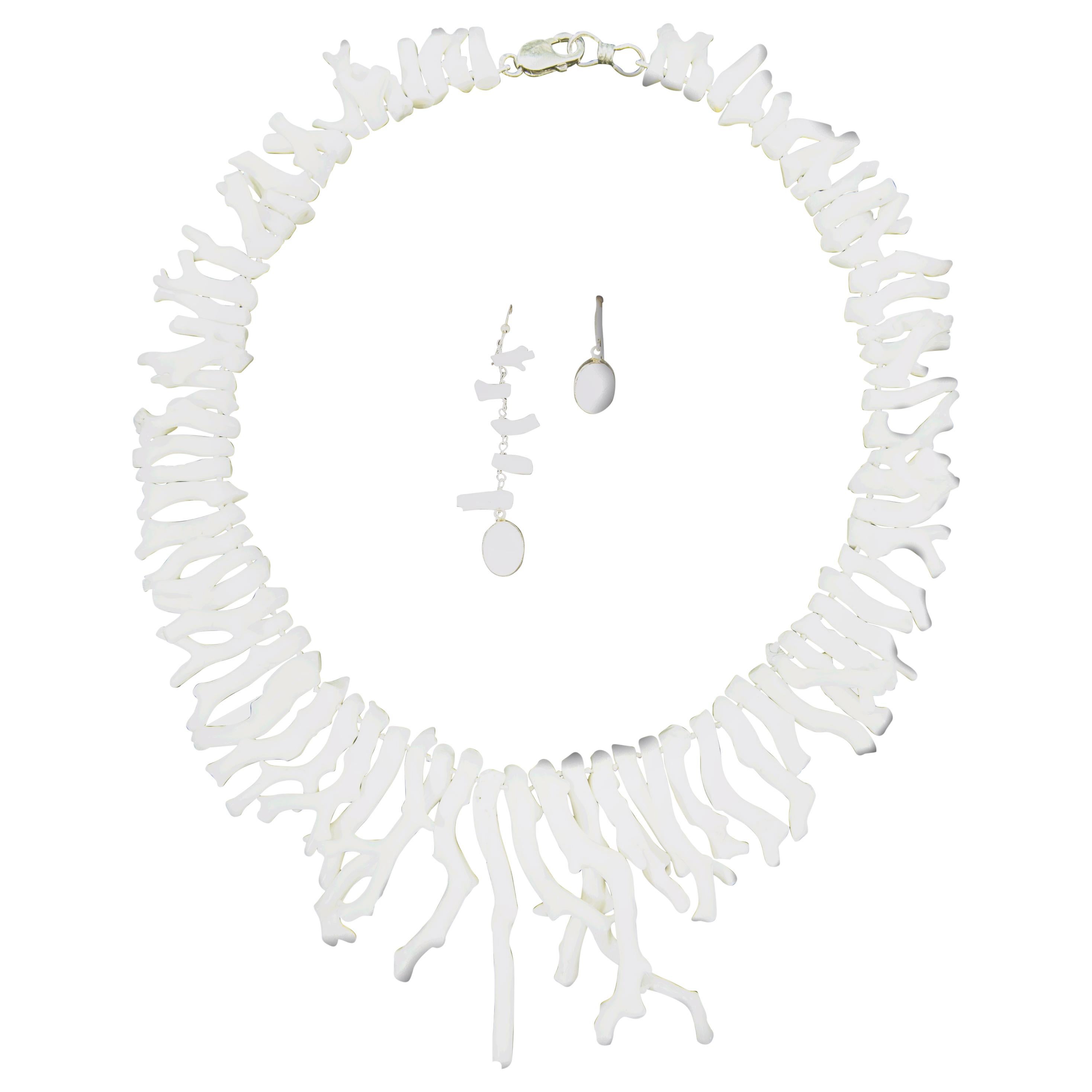 White Coral Earrings and Necklace Set in Sterling Silver For Sale
