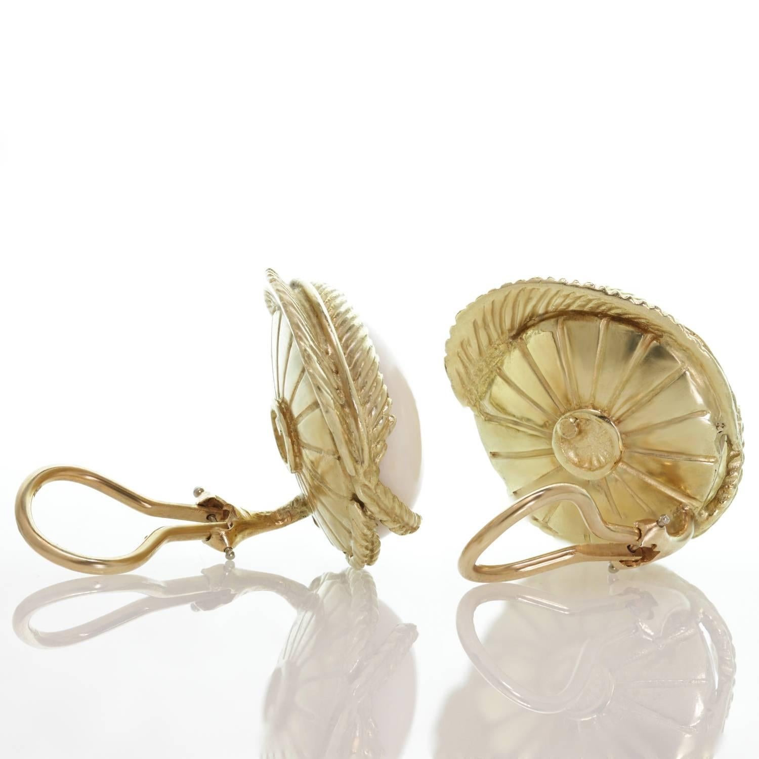 Cabochon White Coral Textured Yellow Gold Clip-On Earrings For Sale
