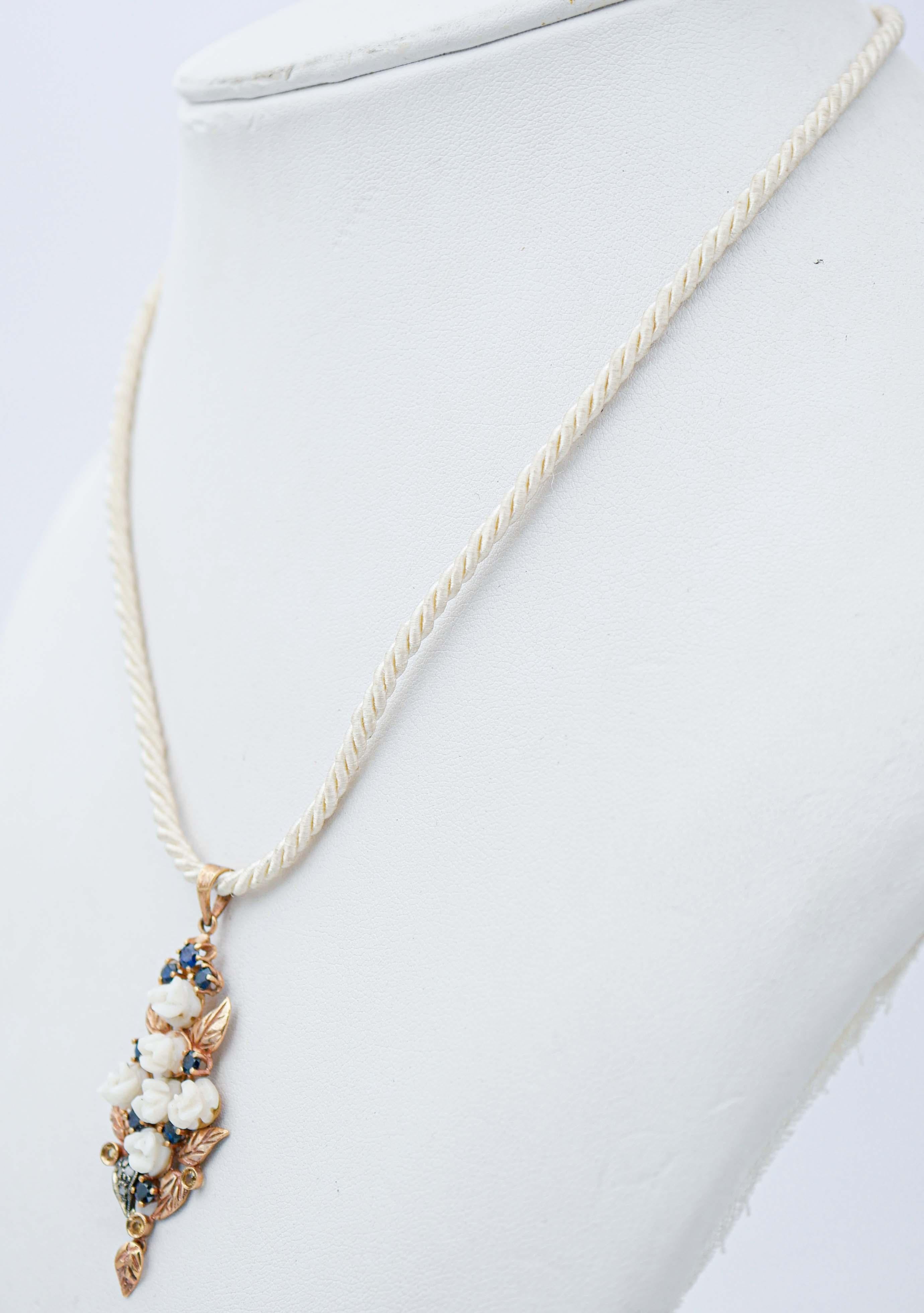 Retro White Coral, Blue and Yellow Sapphires, Diamonds, Rose Gold and Silver Pendant