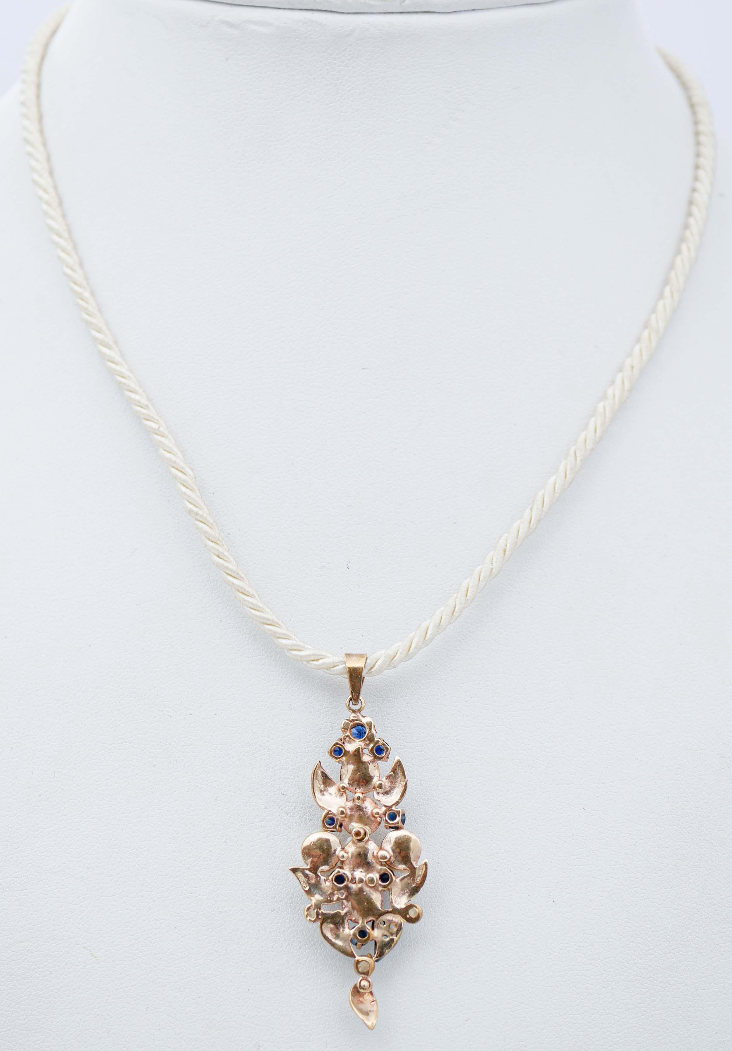 Mixed Cut White Coral, Blue and Yellow Sapphires, Diamonds, Rose Gold and Silver Pendant