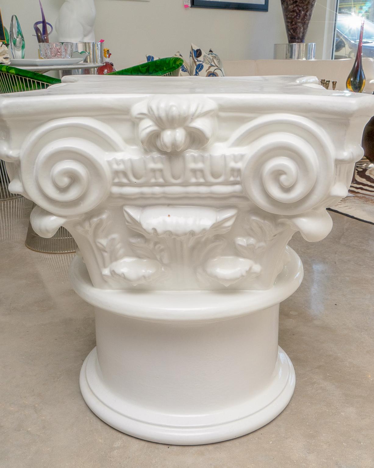This stylish, large-scale Corinthian style glazed terracotta pedestal base was acquired from a Palm Beach estate and dates to the 1980s. The piece could be used with a piece of glass as a dining table or perhaps in the garden as a pedestal for a