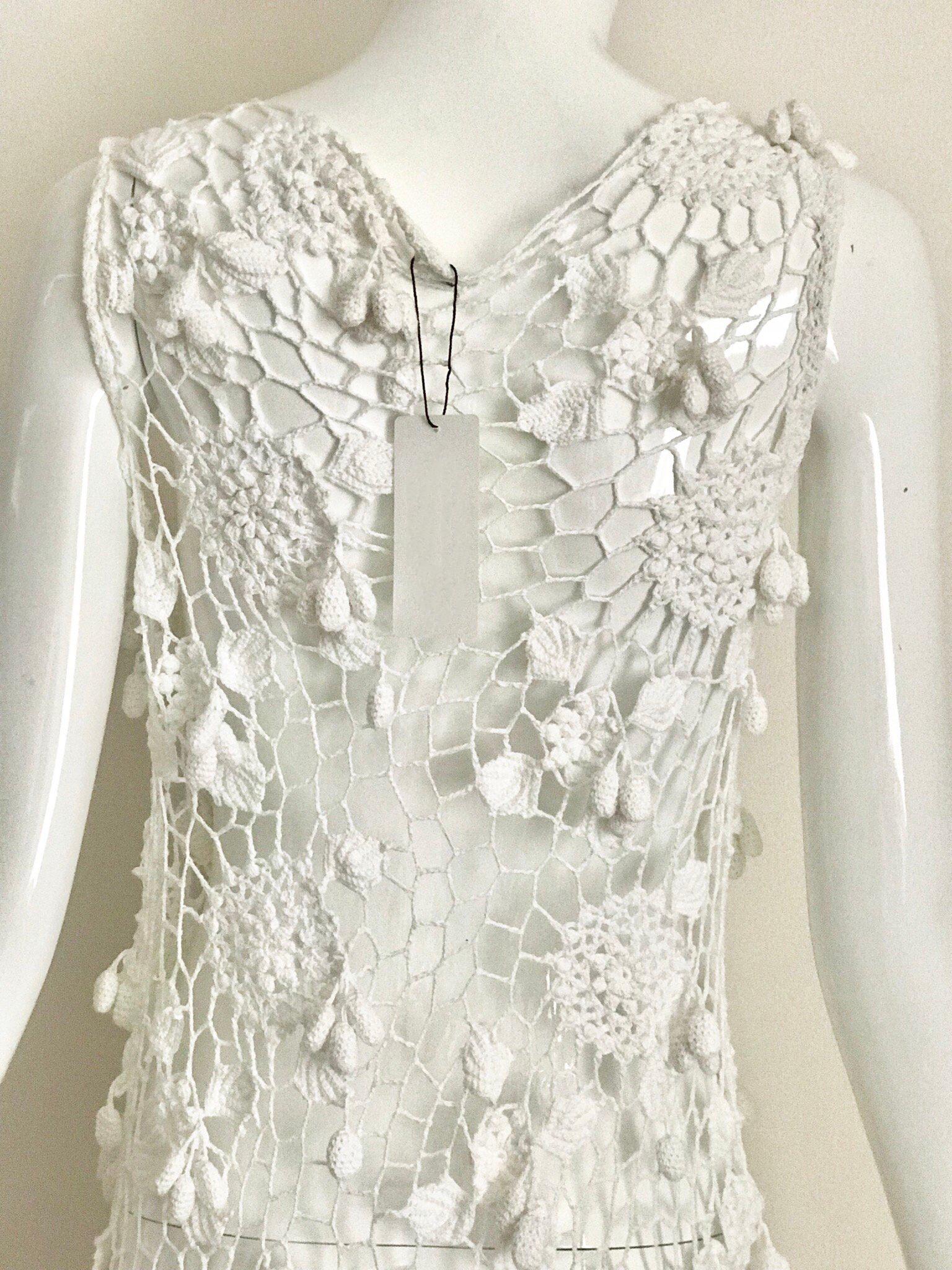 White Cotton Crochet Gown, 1970s  5