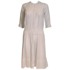 Antique White Cotton Dress with Lace Trim