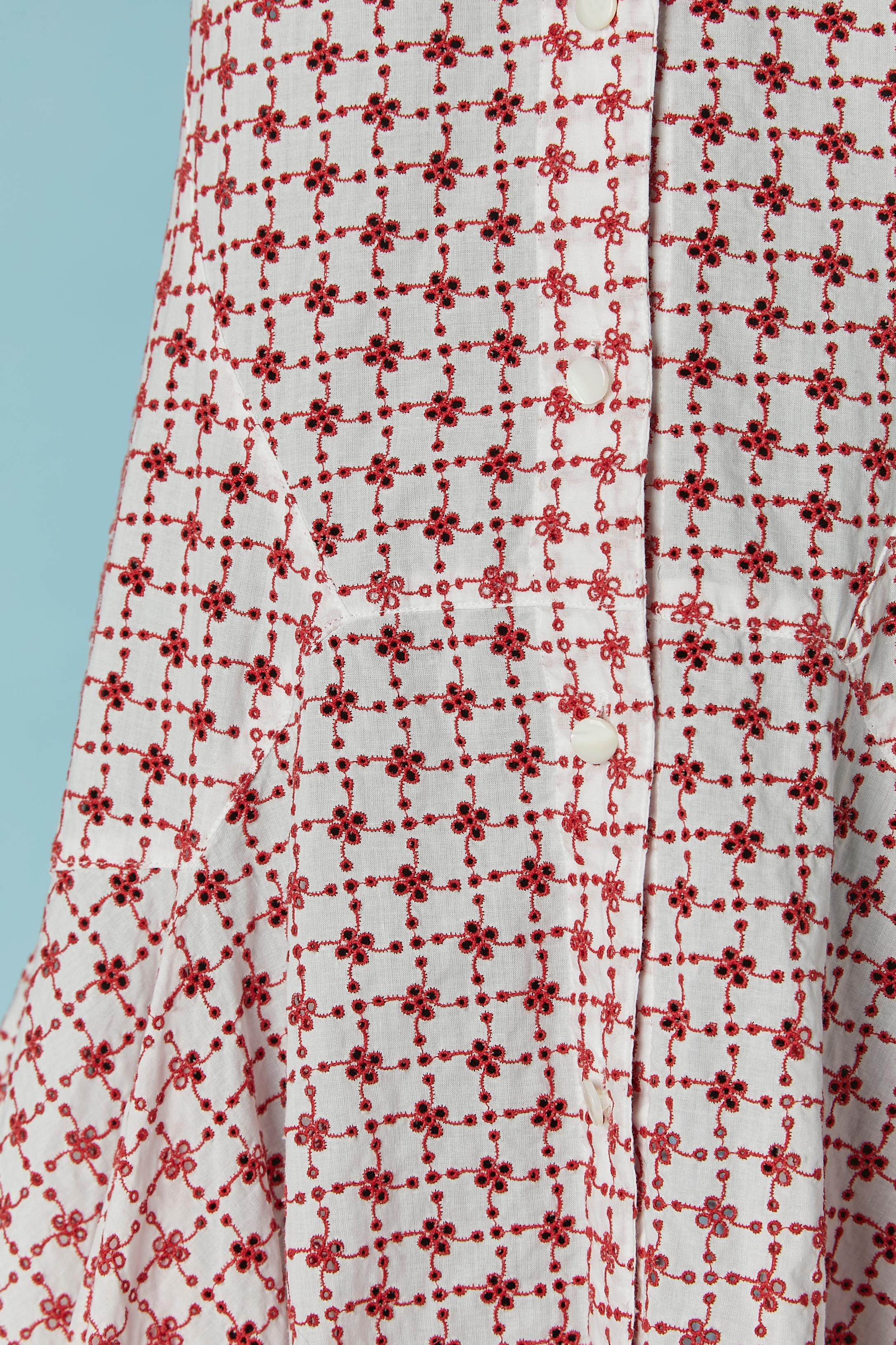 Gray White cotton dress with red threads see-through embroideries  ALAIA