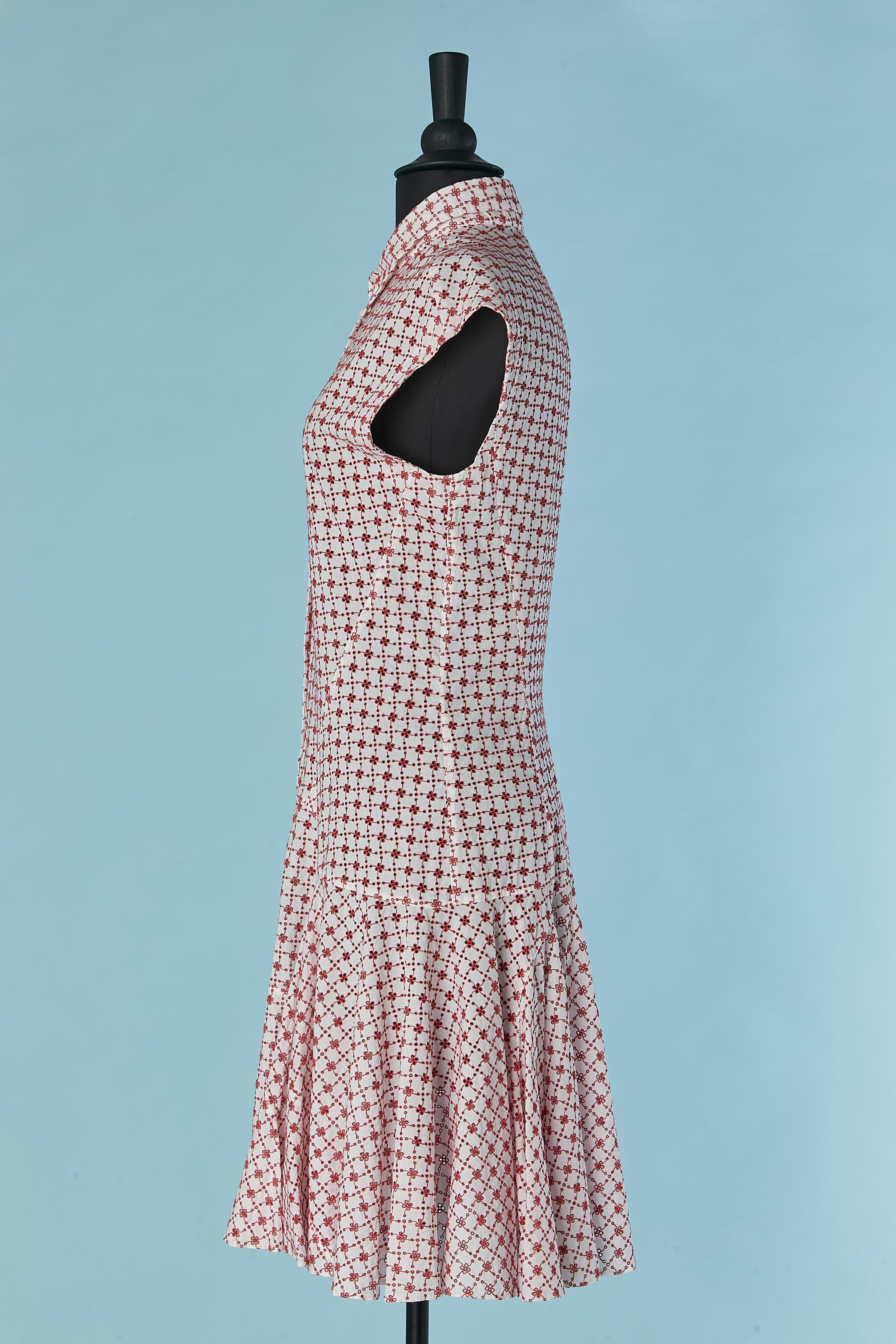 White cotton dress with red threads see-through embroideries  ALAIA In Excellent Condition In Saint-Ouen-Sur-Seine, FR