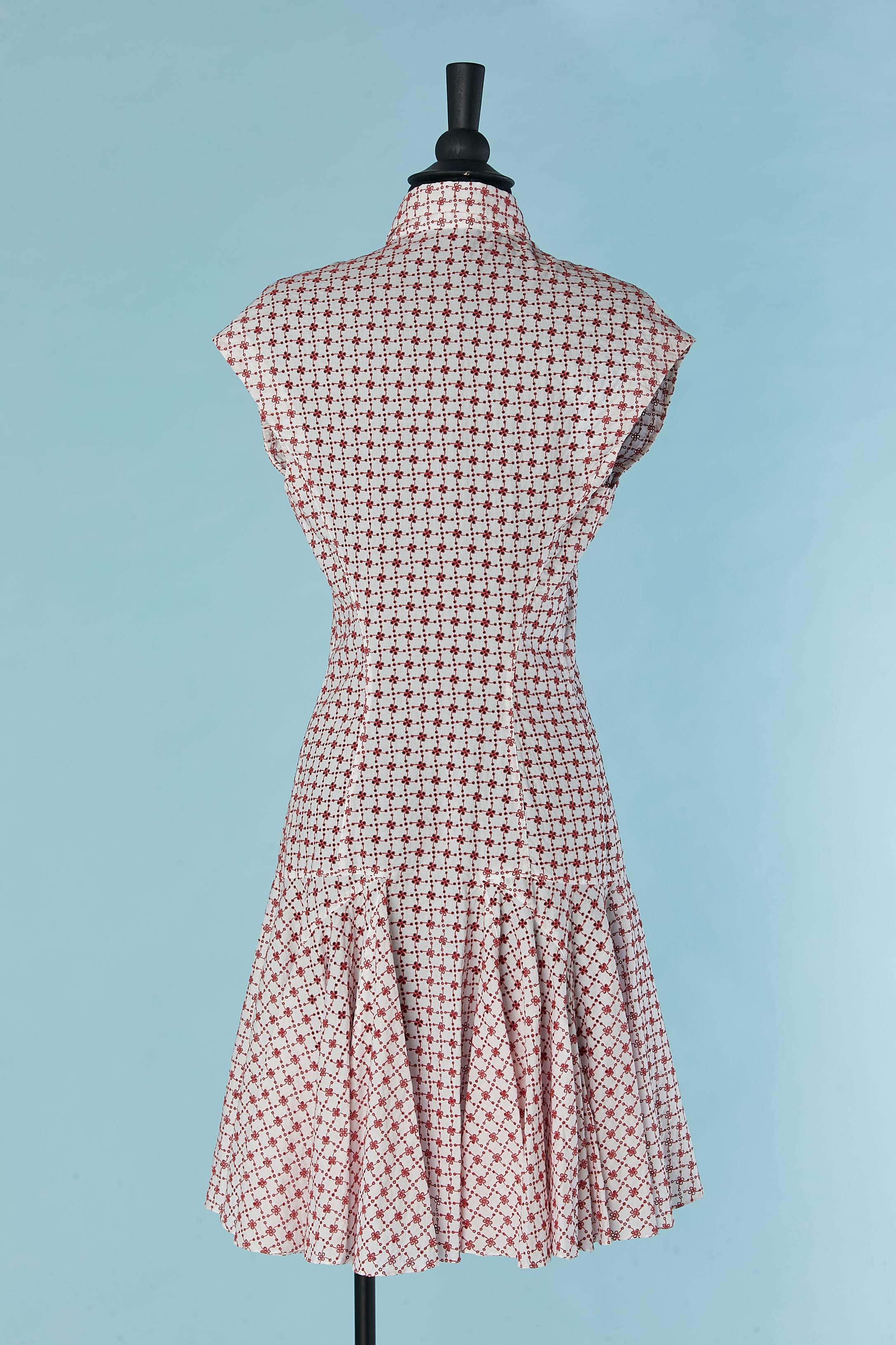 Women's White cotton dress with red threads see-through embroideries  ALAIA