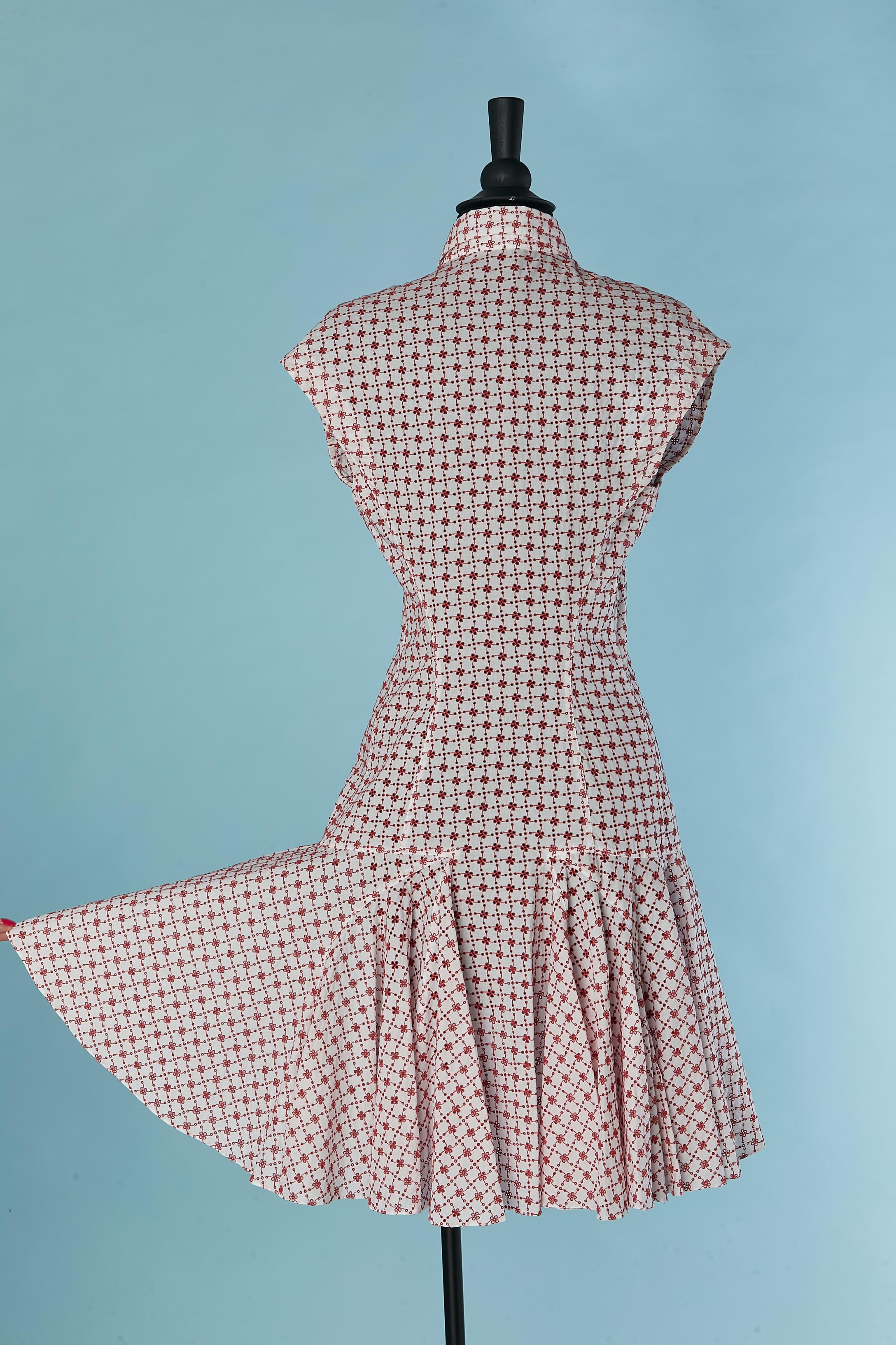 White cotton dress with red threads see-through embroideries  ALAIA 1