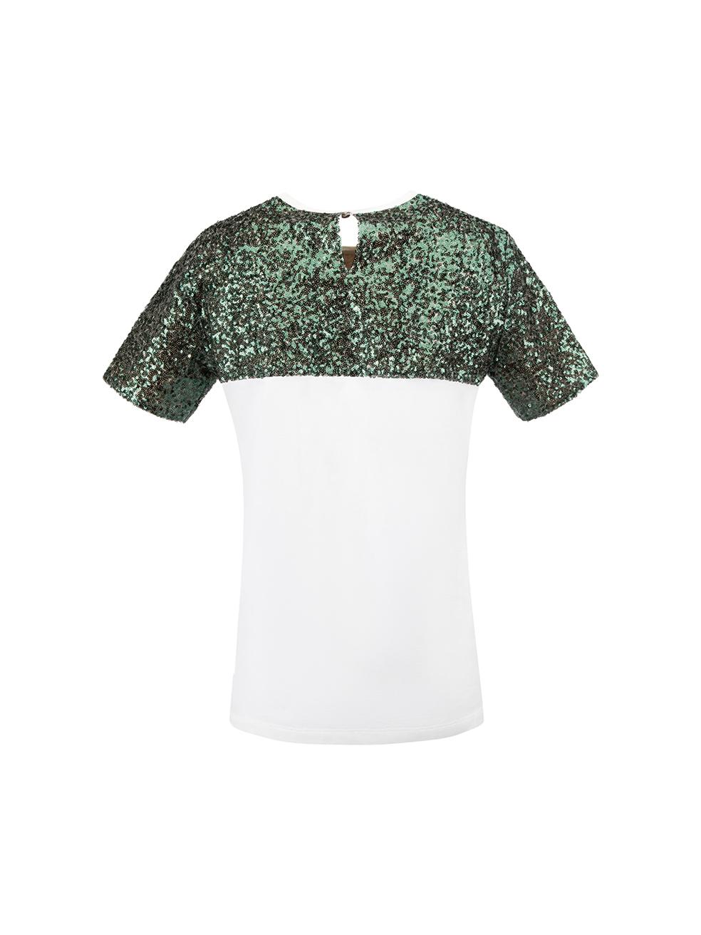 White Cotton Green Sequin Detail T-Shirt Size S In Good Condition For Sale In London, GB
