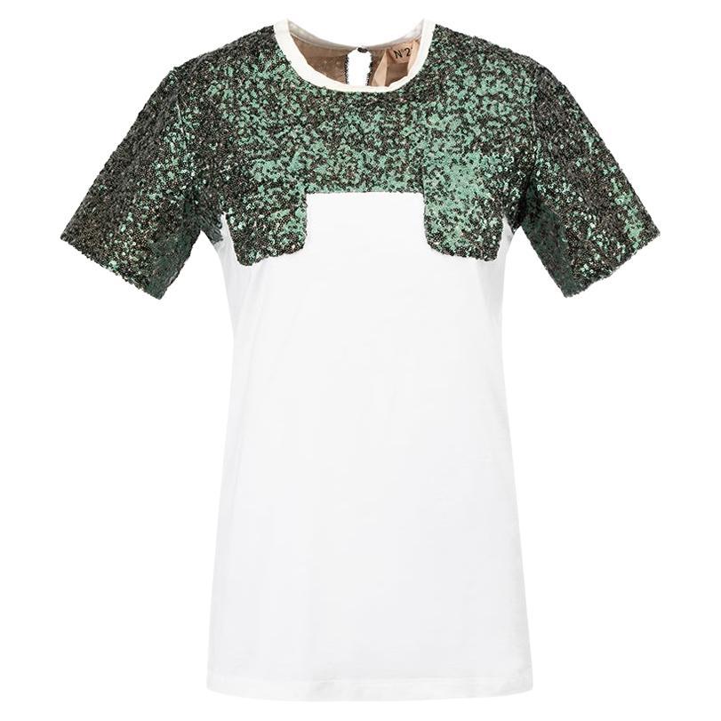 White Cotton Green Sequin Detail T-Shirt Size S For Sale