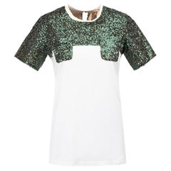 Used White Cotton Green Sequin Detail T-Shirt Size S