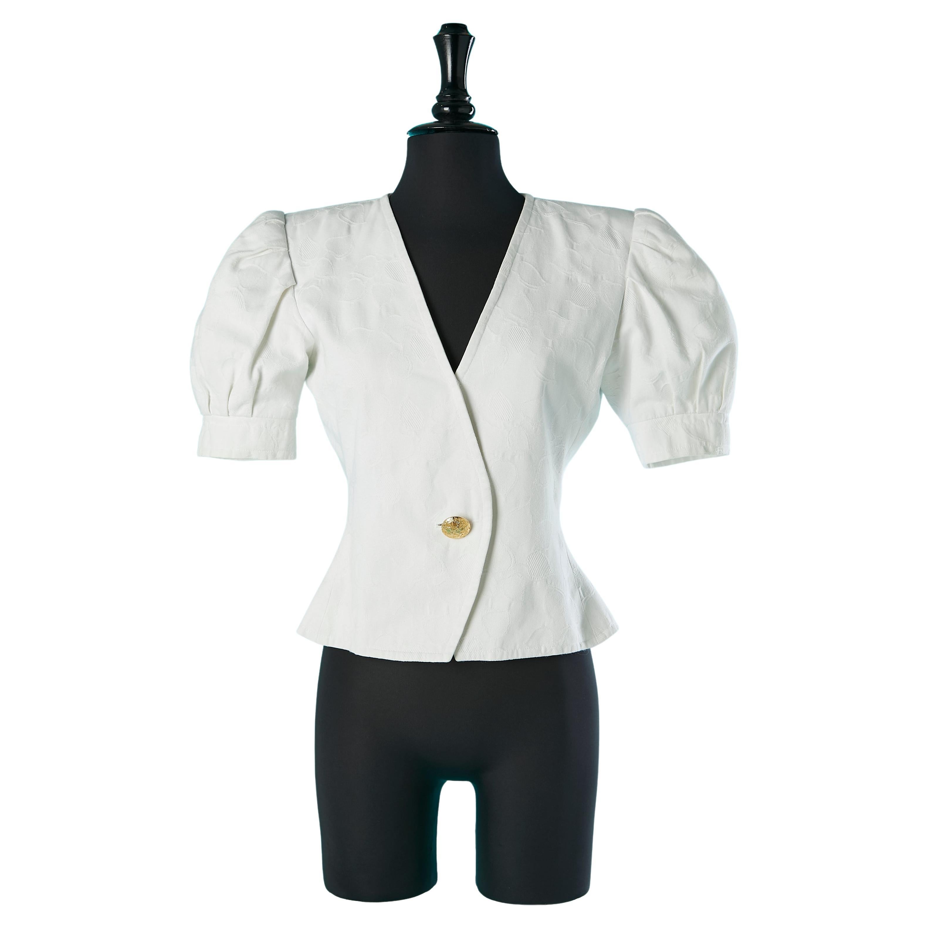 White cotton jacquard  jacket with leaves pattern Yves Saint Laurent Variation  For Sale