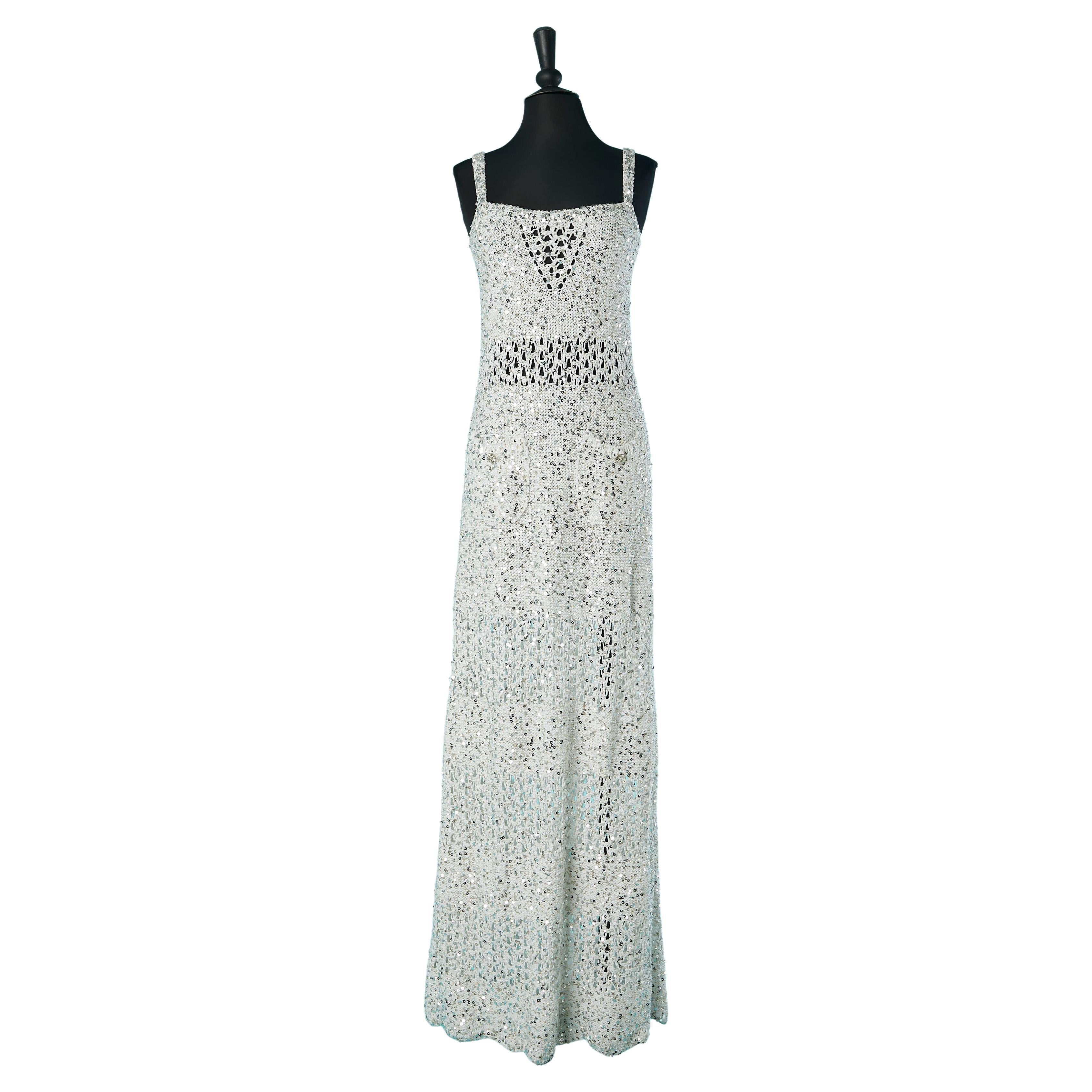 White cotton knit evening dress with sequins Chanel Resort 2023 For Sale