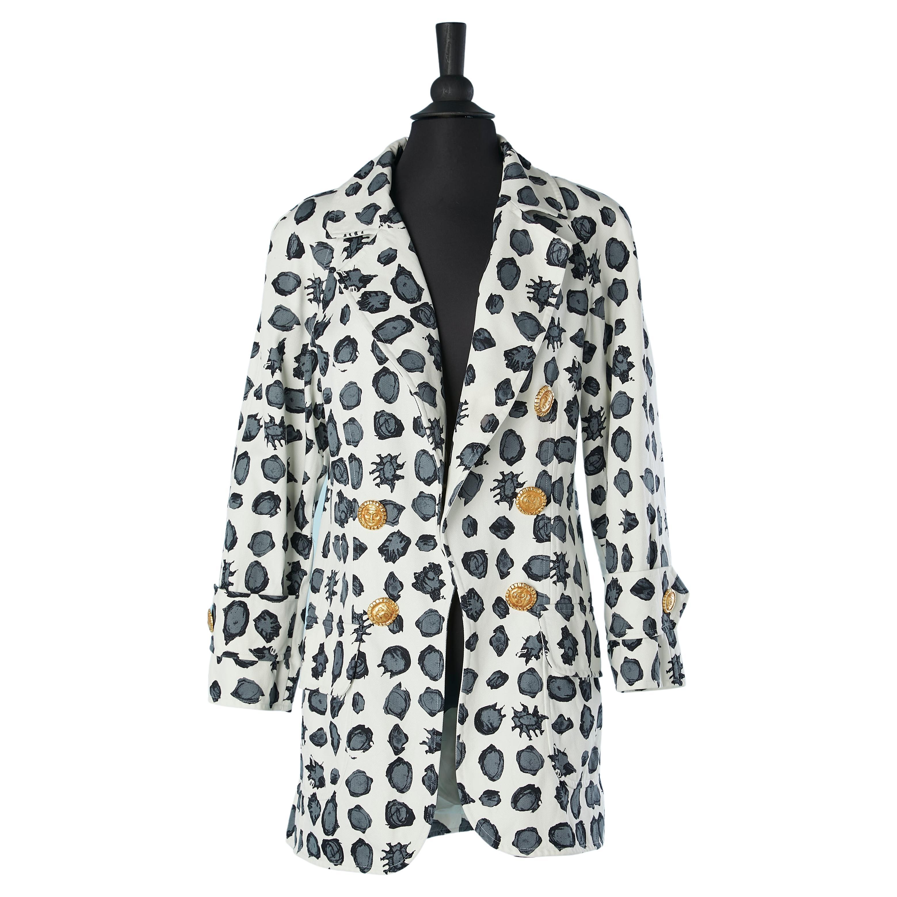 White cotton long jacket with abstract print and jewlery buttons C.Lacroix  For Sale