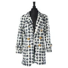 Vintage White cotton long jacket with abstract print and jewlery buttons C.Lacroix 