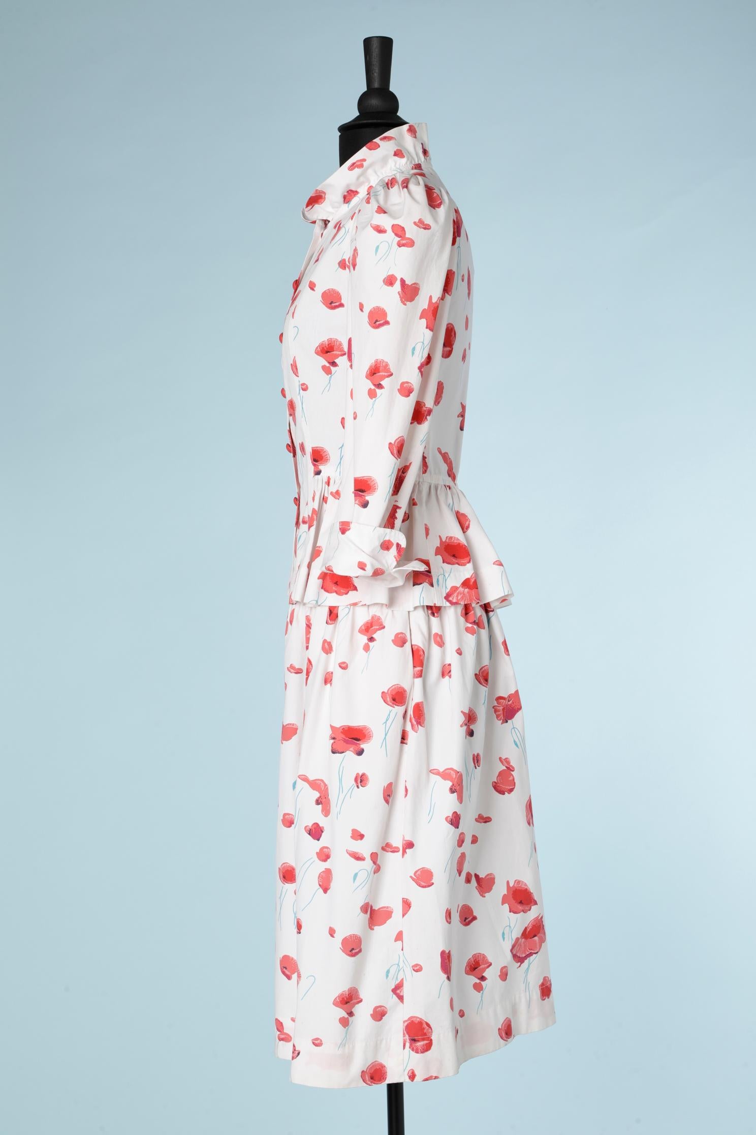 Ensemble chemise et jupe en coton imprimé poppies blanc Saint Laurent Rive Gauche  Excellent état - En vente à Saint-Ouen-Sur-Seine, FR