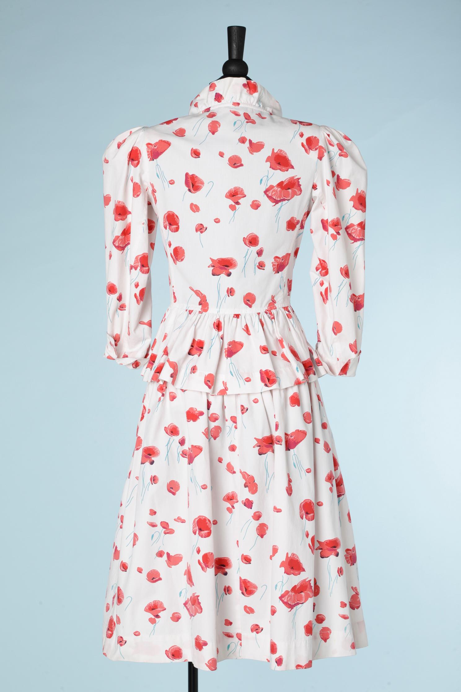White cotton poppies printed shirt and skirt ensemble Saint Laurent Rive Gauche  For Sale 1