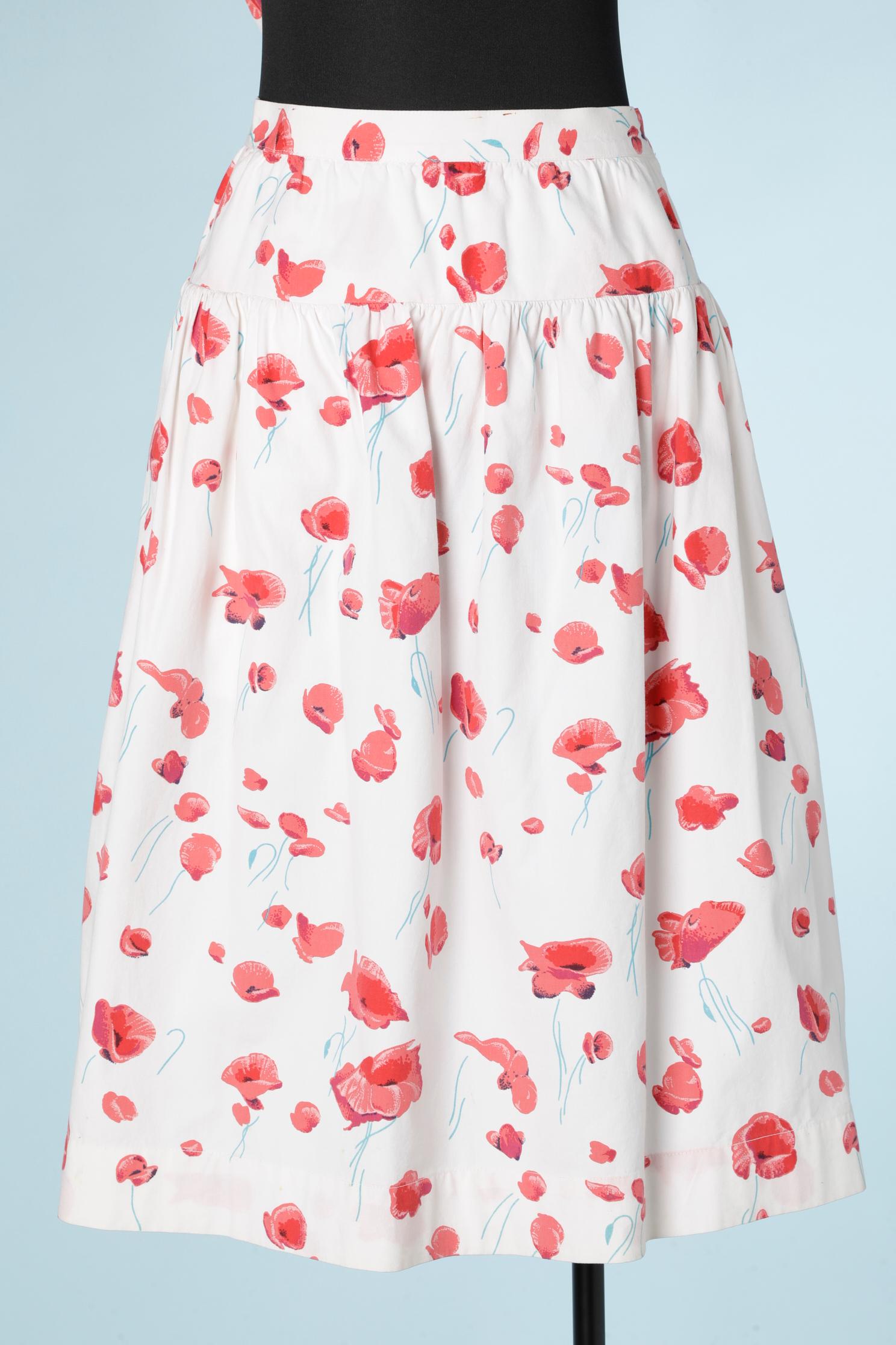 White cotton poppies printed shirt and skirt ensemble Saint Laurent Rive Gauche  For Sale 4